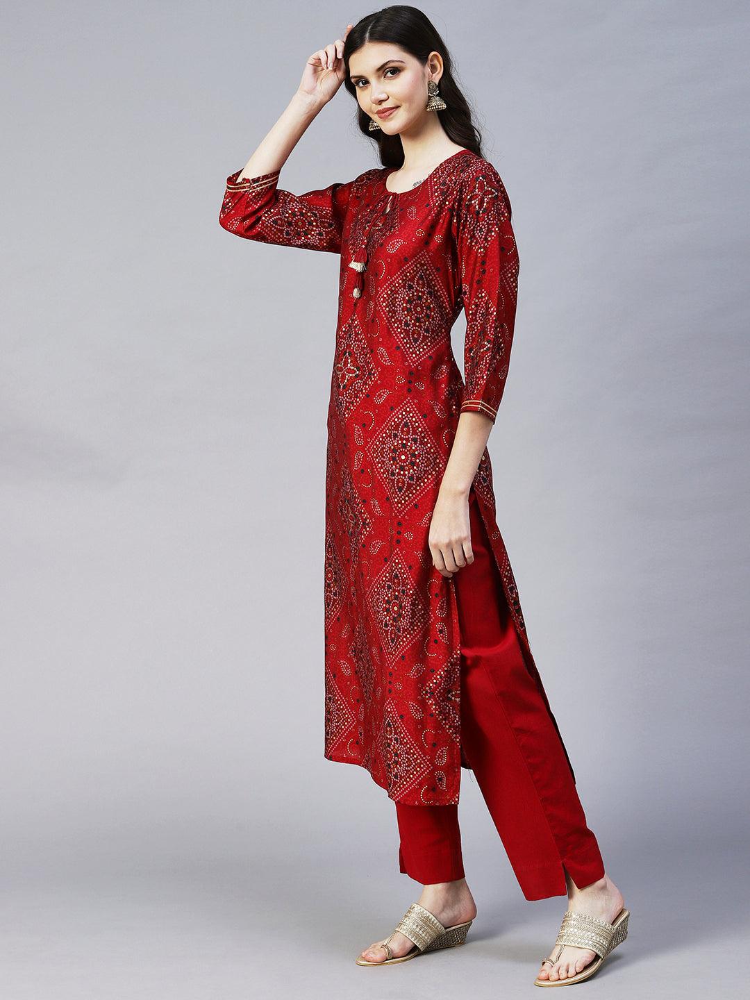 Bandhani Printed Straight Fit Kurta with Pant - Maroon - Indiakreations