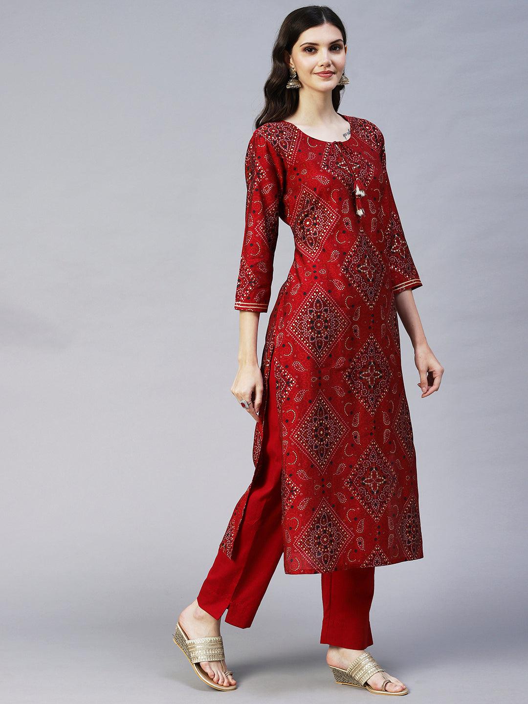 Bandhani Printed Straight Fit Kurta with Pant - Maroon - Indiakreations