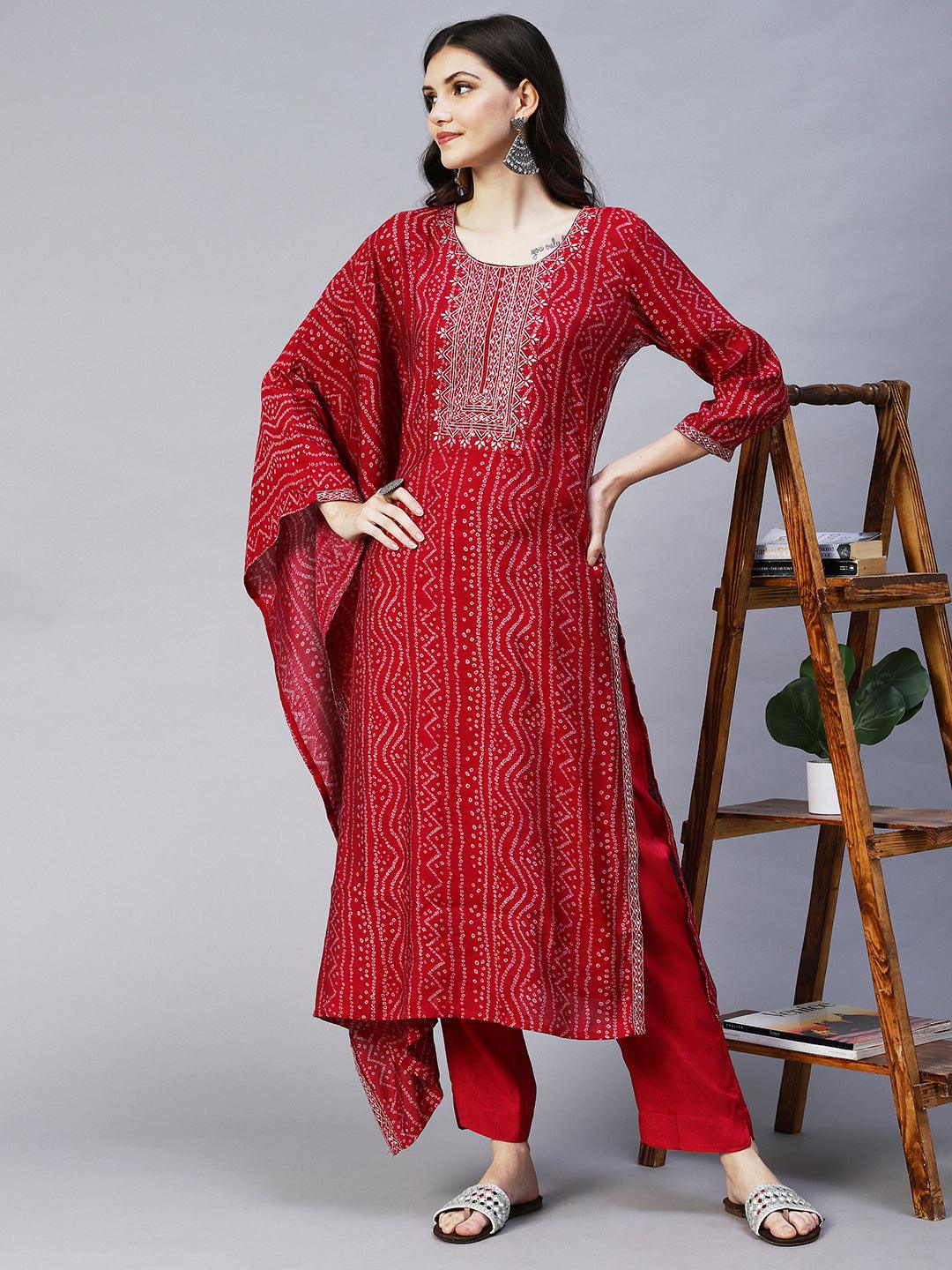 Bandhani Printed & Embroidered Kaftan Kurta with Pant - Magenta Pink - Indiakreations