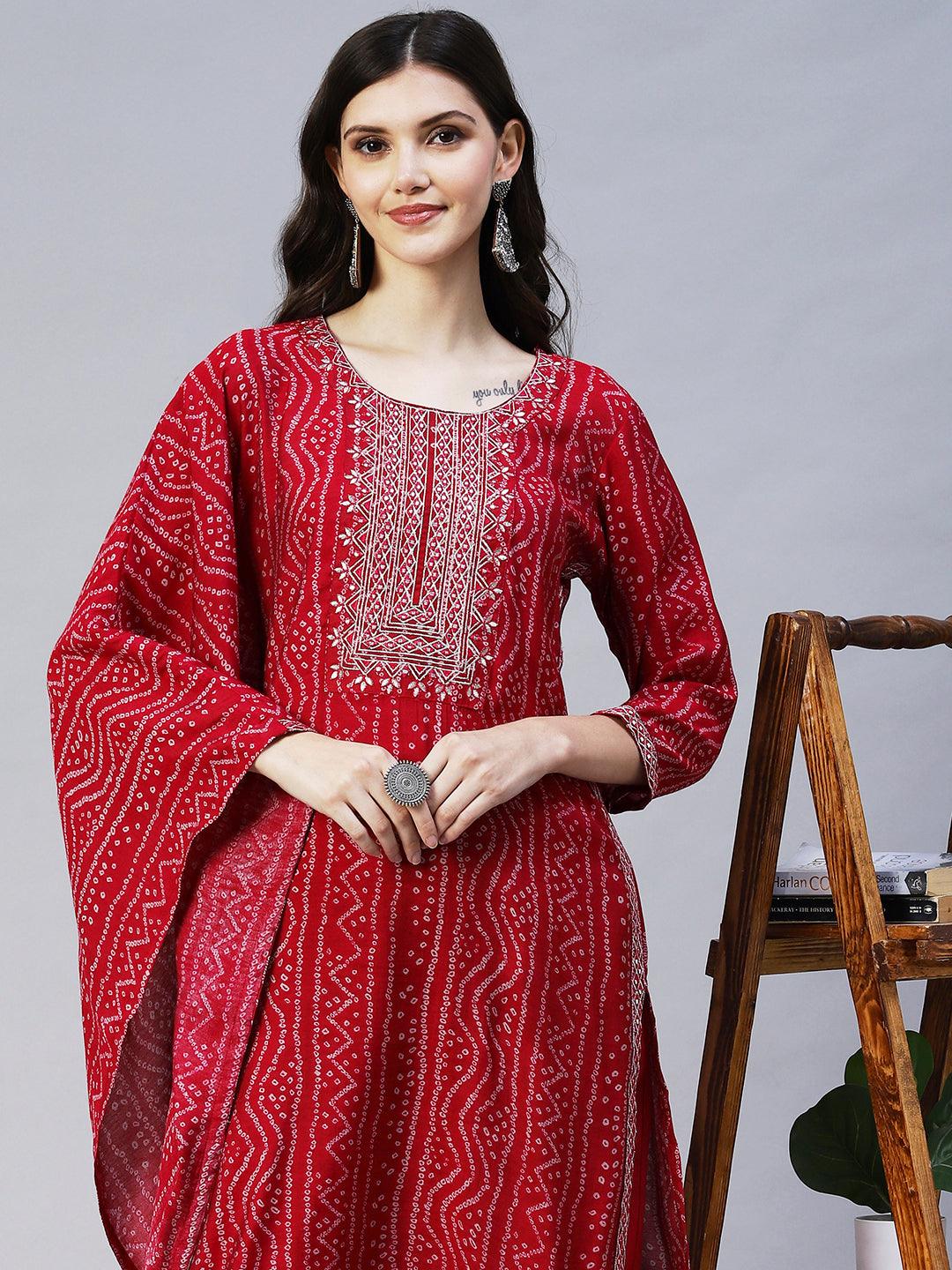 Bandhani Printed & Embroidered Kaftan Kurta with Pant - Magenta Pink - Indiakreations