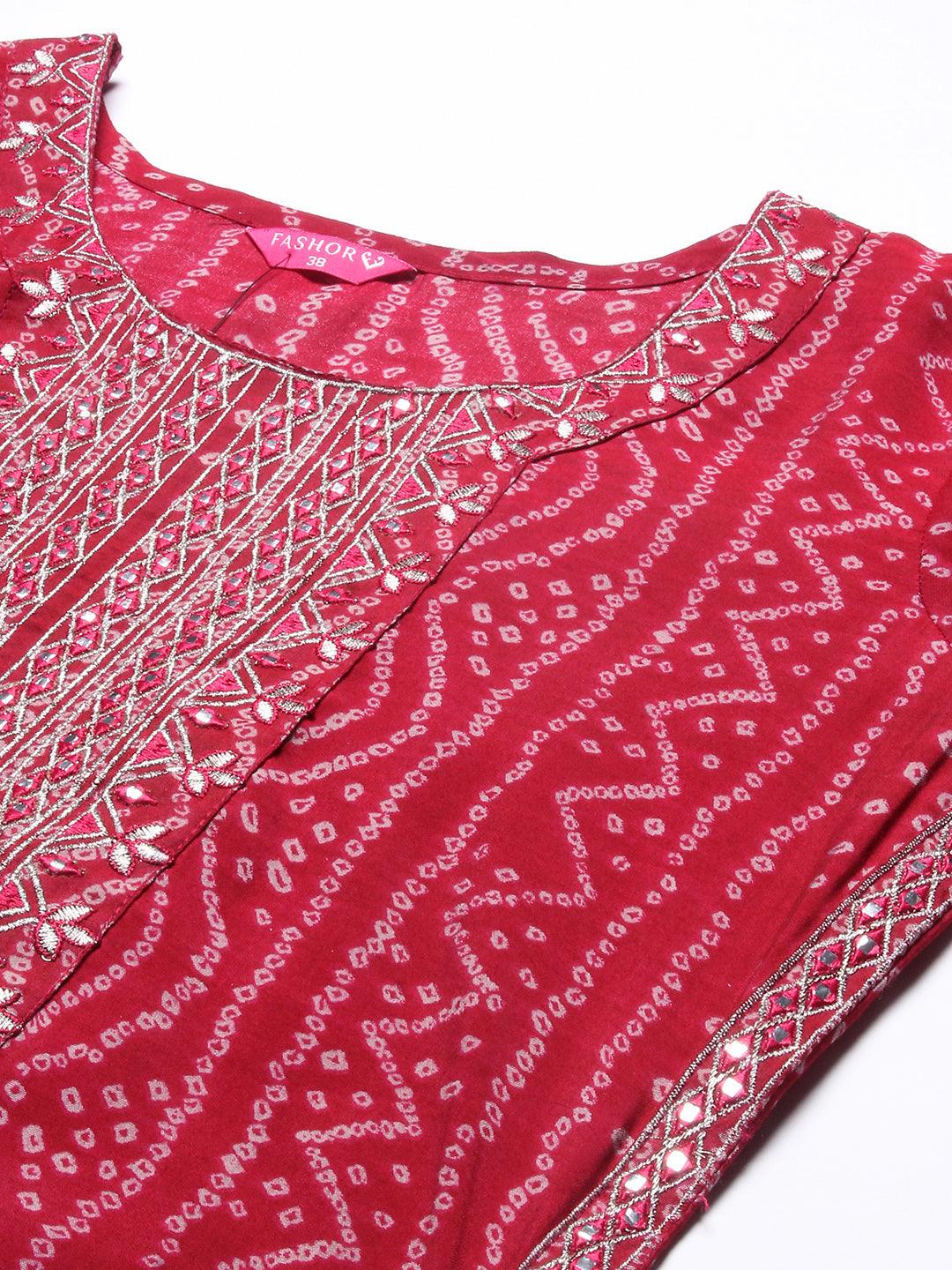 Bandhani Printed & Embroidered Kaftan Kurta with Pant - Magenta Pink - Indiakreations