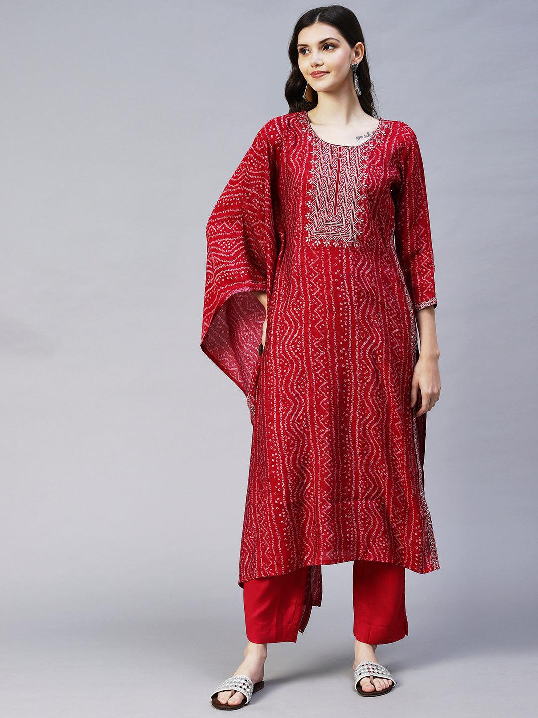 Bandhani Printed & Embroidered Kaftan Kurta with Pant - Magenta Pink - Indiakreations