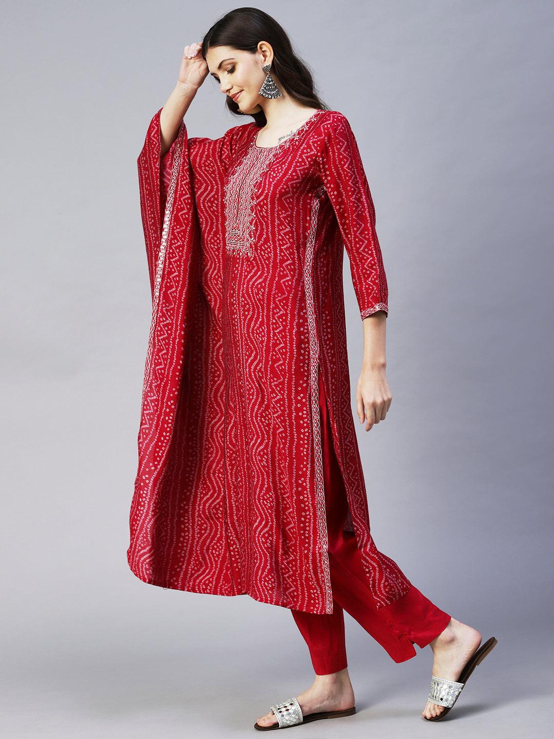 Bandhani Printed & Embroidered Kaftan Kurta with Pant - Magenta Pink - Indiakreations