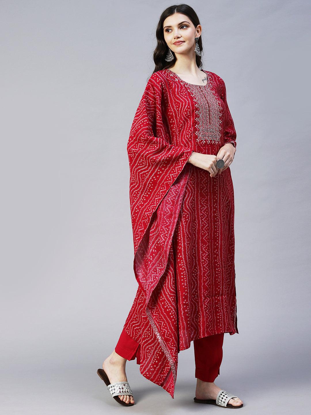 Bandhani Printed & Embroidered Kaftan Kurta with Pant - Magenta Pink - Indiakreations