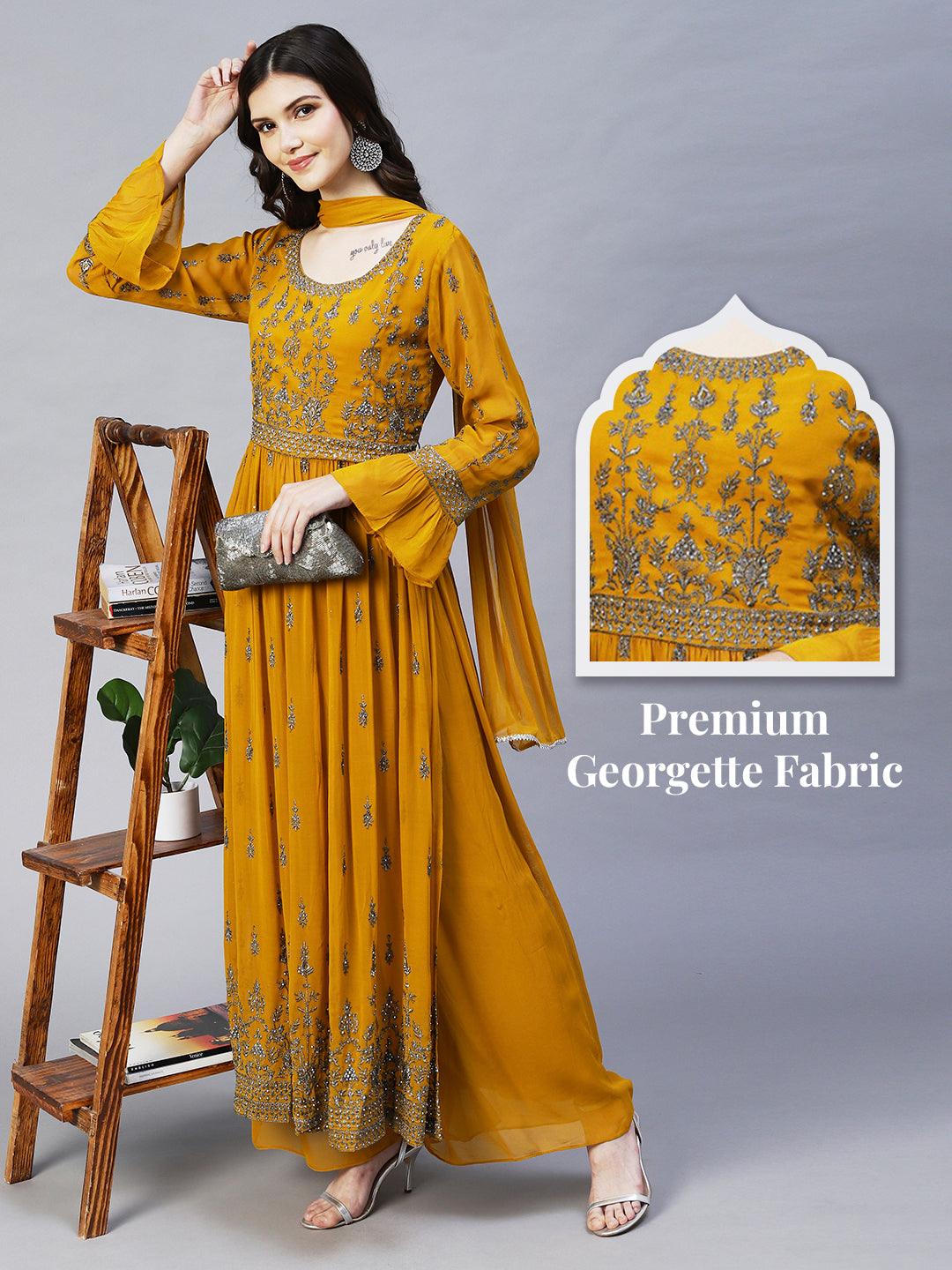 Ethnic Embroidered A-Line Kurta with Palazzo & Dupatta - Mustard - Indiakreations