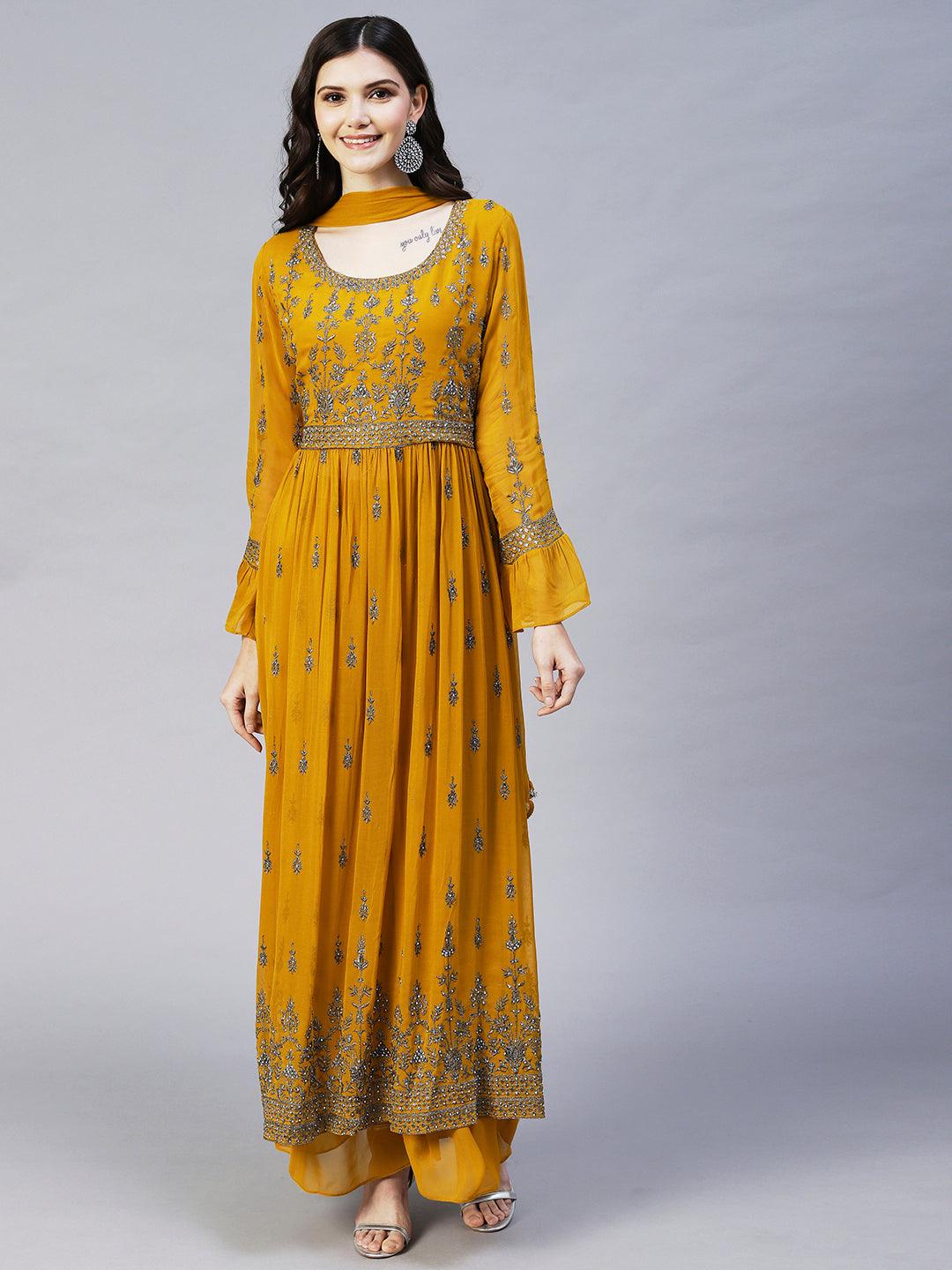 Ethnic Embroidered A-Line Kurta with Palazzo & Dupatta - Mustard - Indiakreations