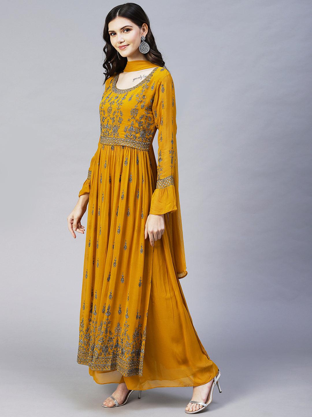 Ethnic Embroidered A-Line Kurta with Palazzo & Dupatta - Mustard - Indiakreations