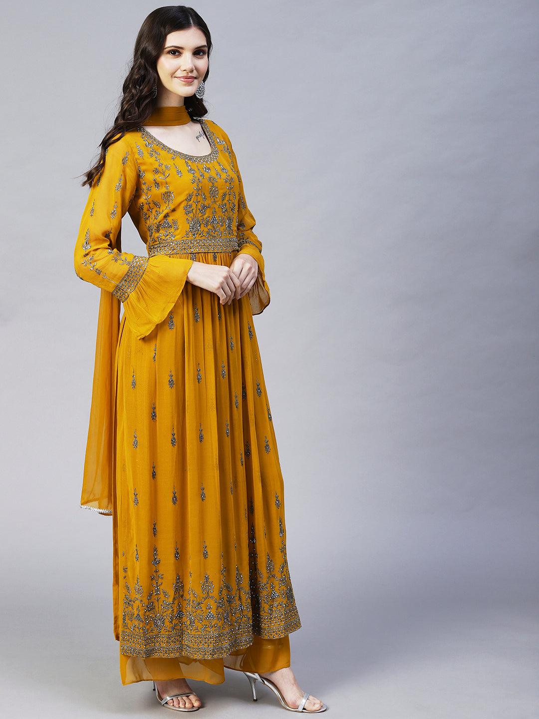 Ethnic Embroidered A-Line Kurta with Palazzo & Dupatta - Mustard - Indiakreations