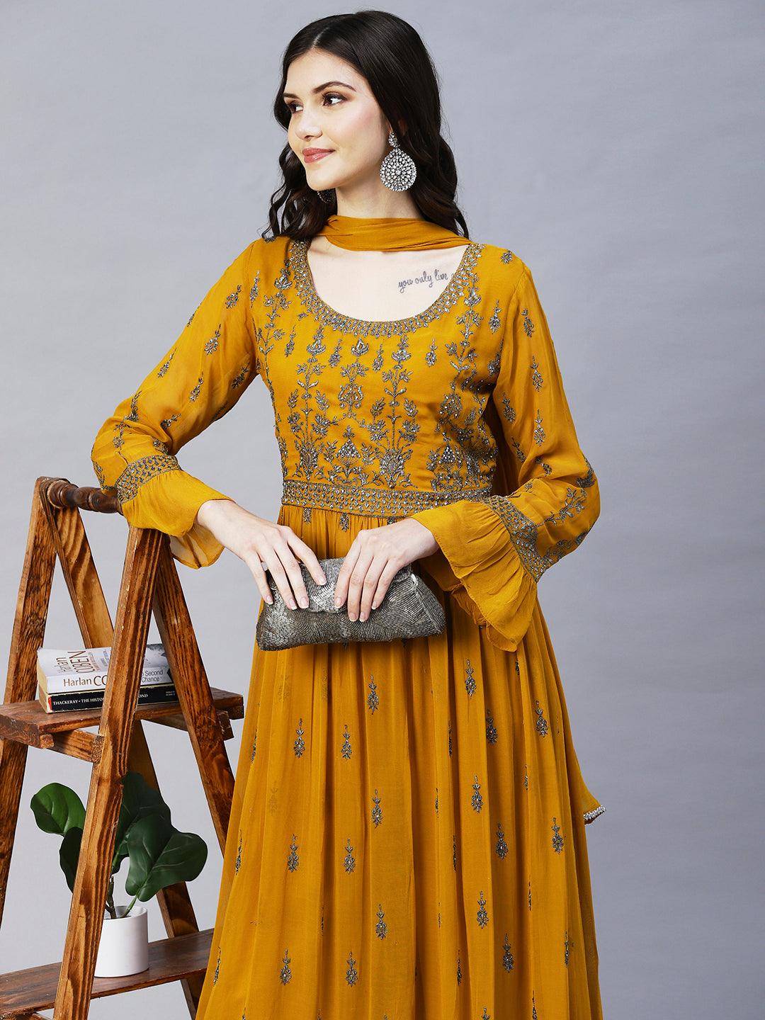 Ethnic Embroidered A-Line Kurta with Palazzo & Dupatta - Mustard - Indiakreations