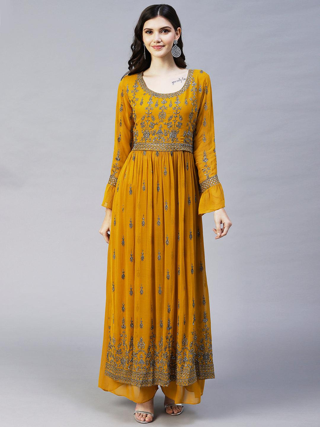 Ethnic Embroidered A-Line Kurta with Palazzo & Dupatta - Mustard - Indiakreations