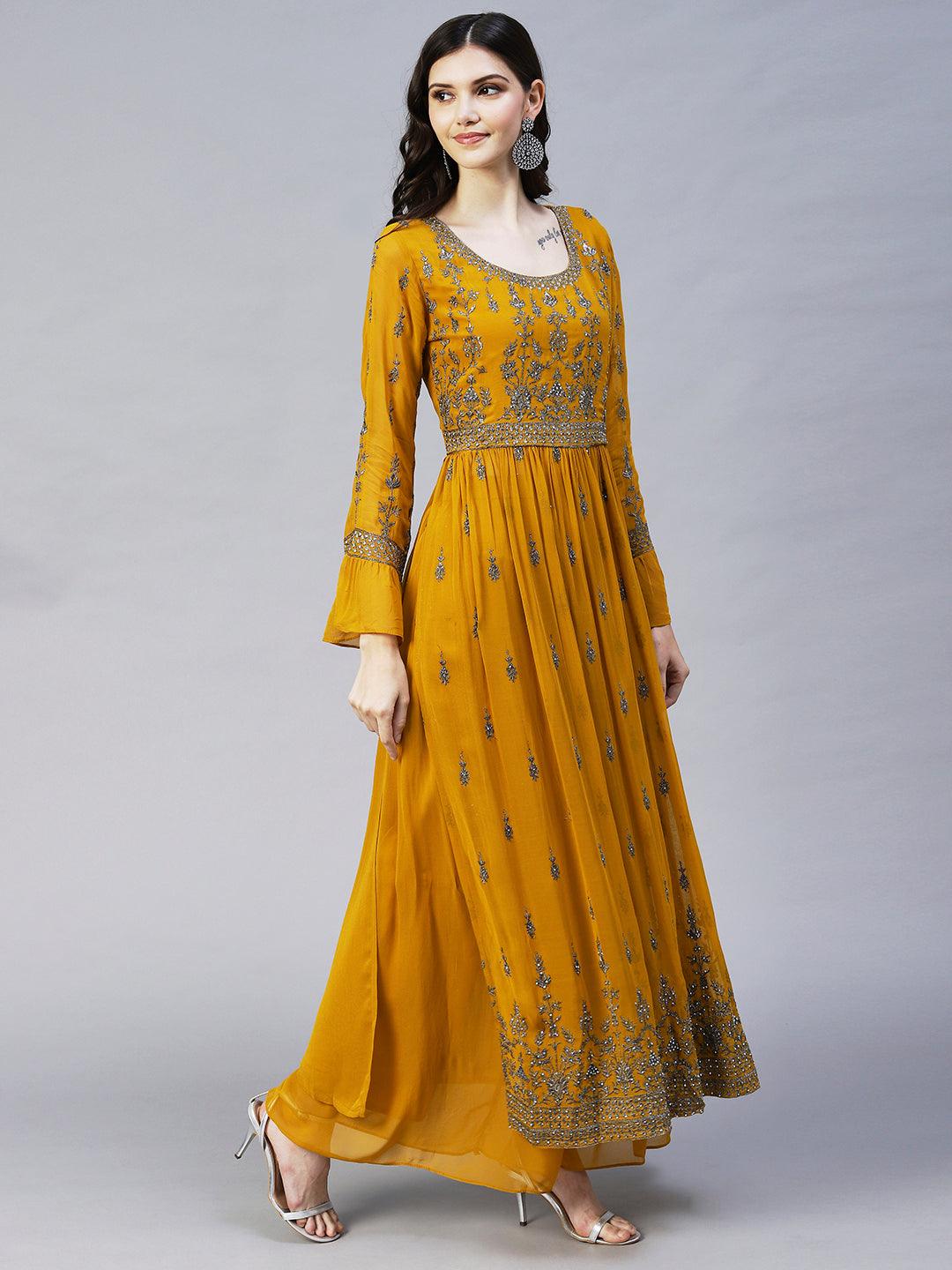 Ethnic Embroidered A-Line Kurta with Palazzo & Dupatta - Mustard - Indiakreations