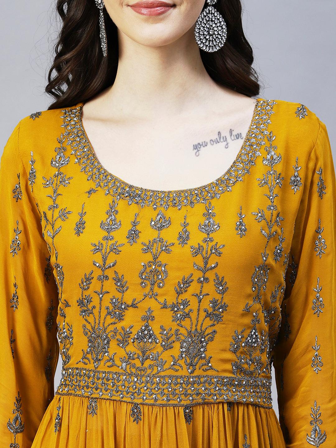 Ethnic Embroidered A-Line Kurta with Palazzo & Dupatta - Mustard - Indiakreations