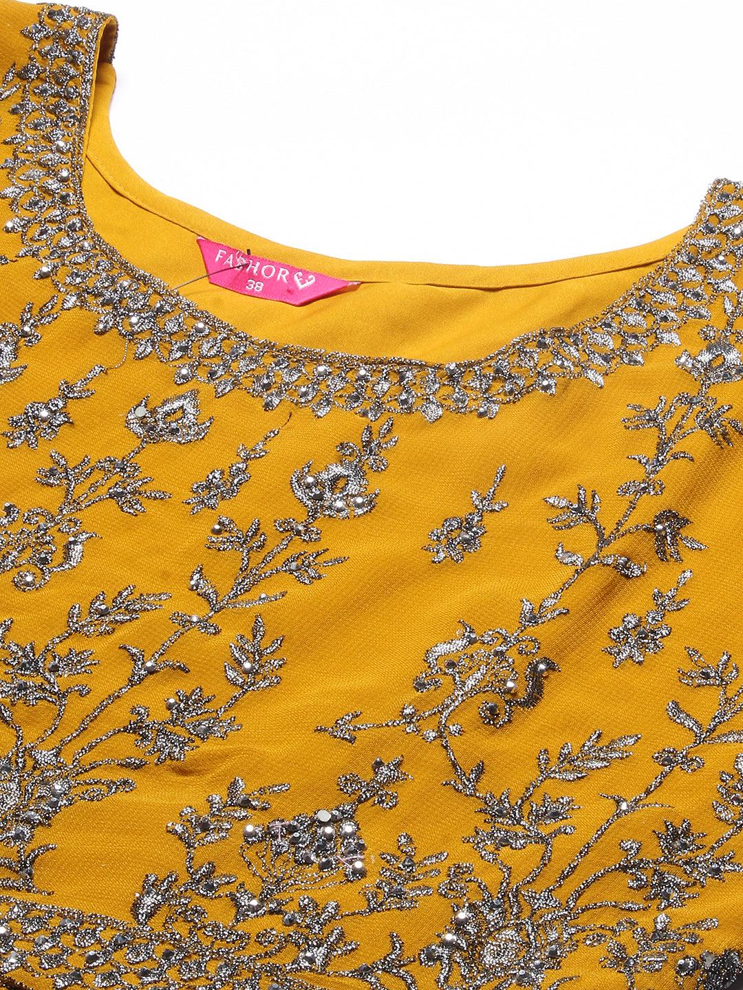 Ethnic Embroidered A-Line Kurta with Palazzo & Dupatta - Mustard - Indiakreations