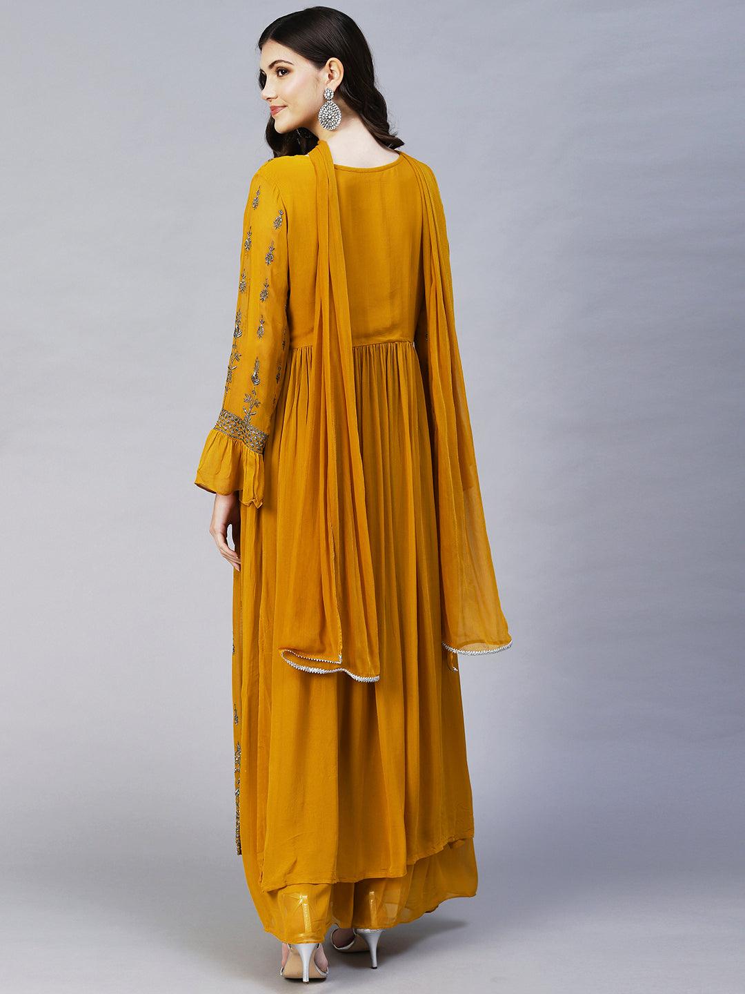 Ethnic Embroidered A-Line Kurta with Palazzo & Dupatta - Mustard - Indiakreations