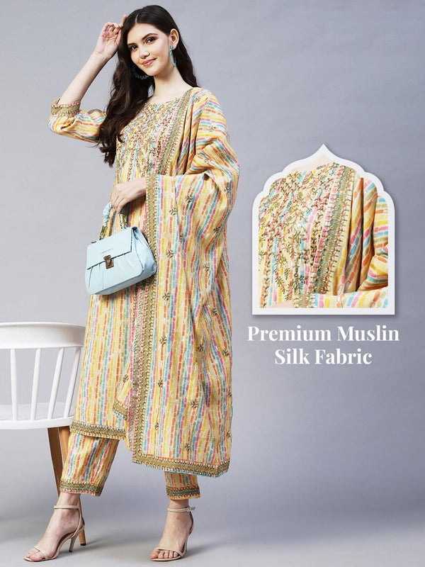 Ethnic Stripes Printed & Embroidered Kurta with Pant & Dupatta - Multi - Indiakreations