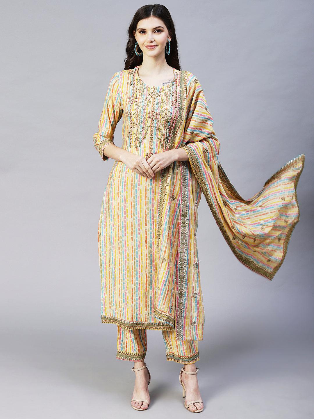 Ethnic Stripes Printed & Embroidered Kurta with Pant & Dupatta - Multi - Indiakreations