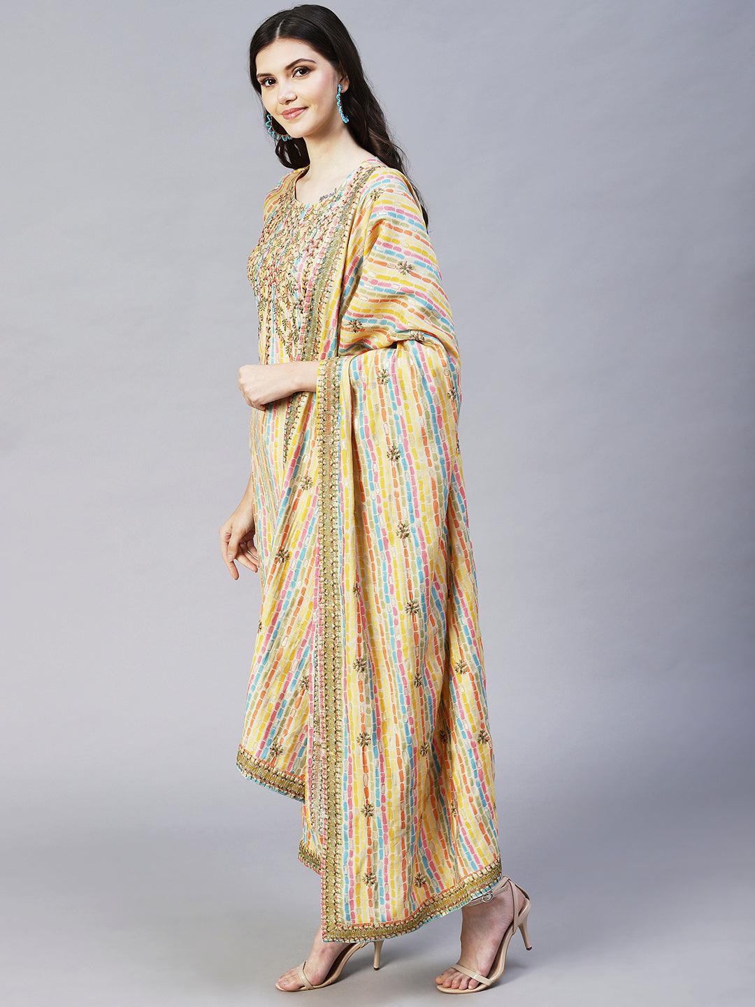 Ethnic Stripes Printed & Embroidered Kurta with Pant & Dupatta - Multi - Indiakreations