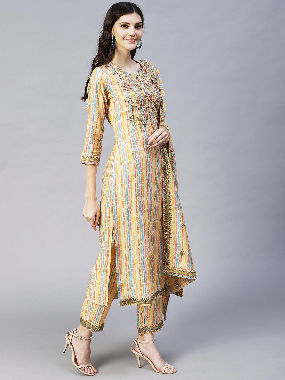 Ethnic Stripes Printed & Embroidered Kurta with Pant & Dupatta - Multi - Indiakreations