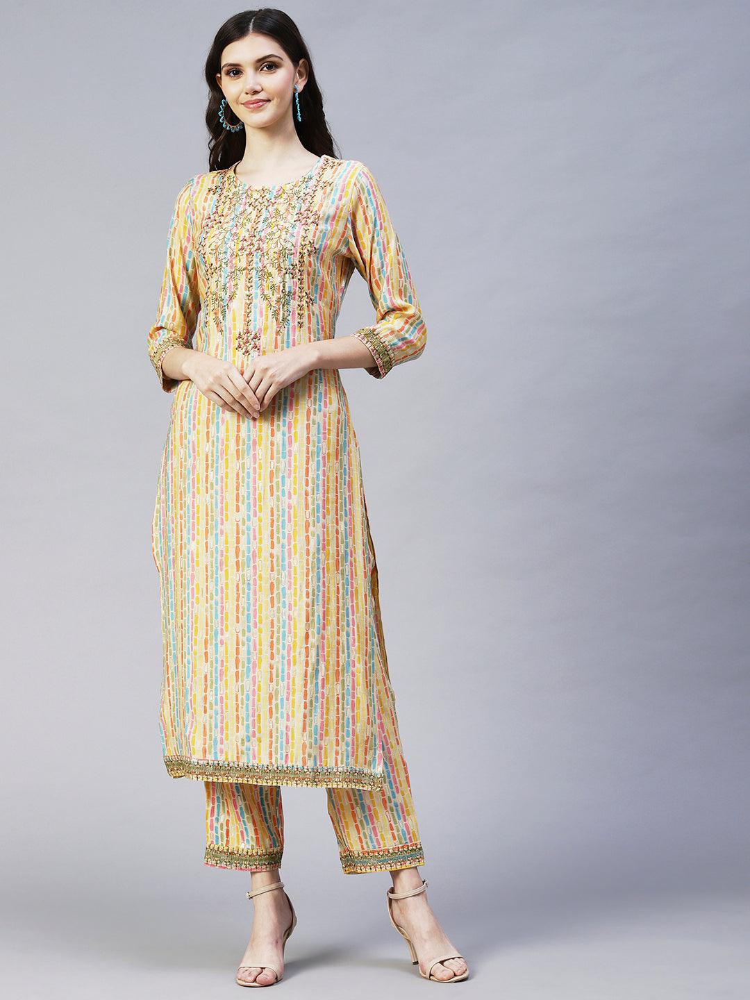 Ethnic Stripes Printed & Embroidered Kurta with Pant & Dupatta - Multi - Indiakreations