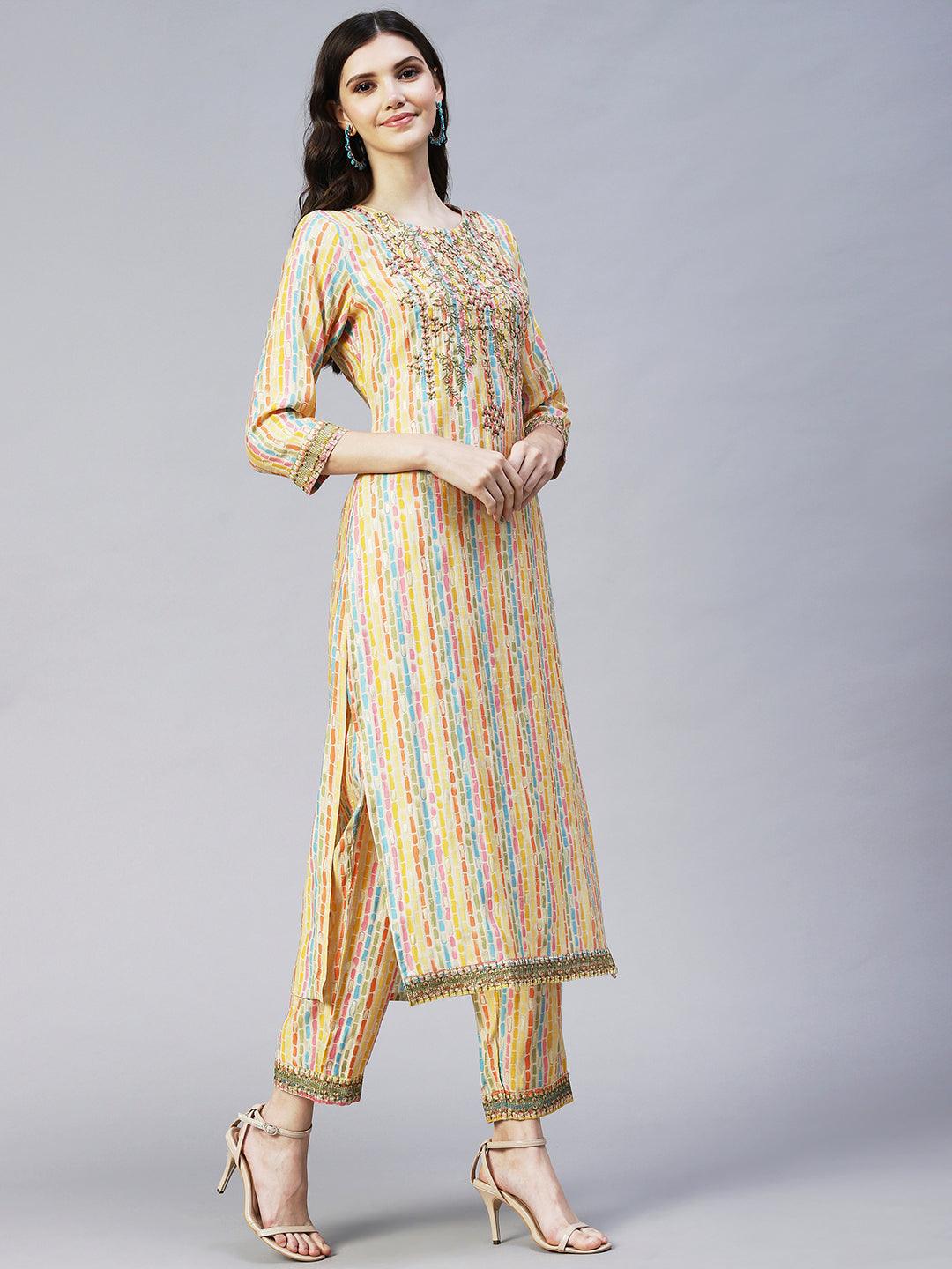 Ethnic Stripes Printed & Embroidered Kurta with Pant & Dupatta - Multi - Indiakreations