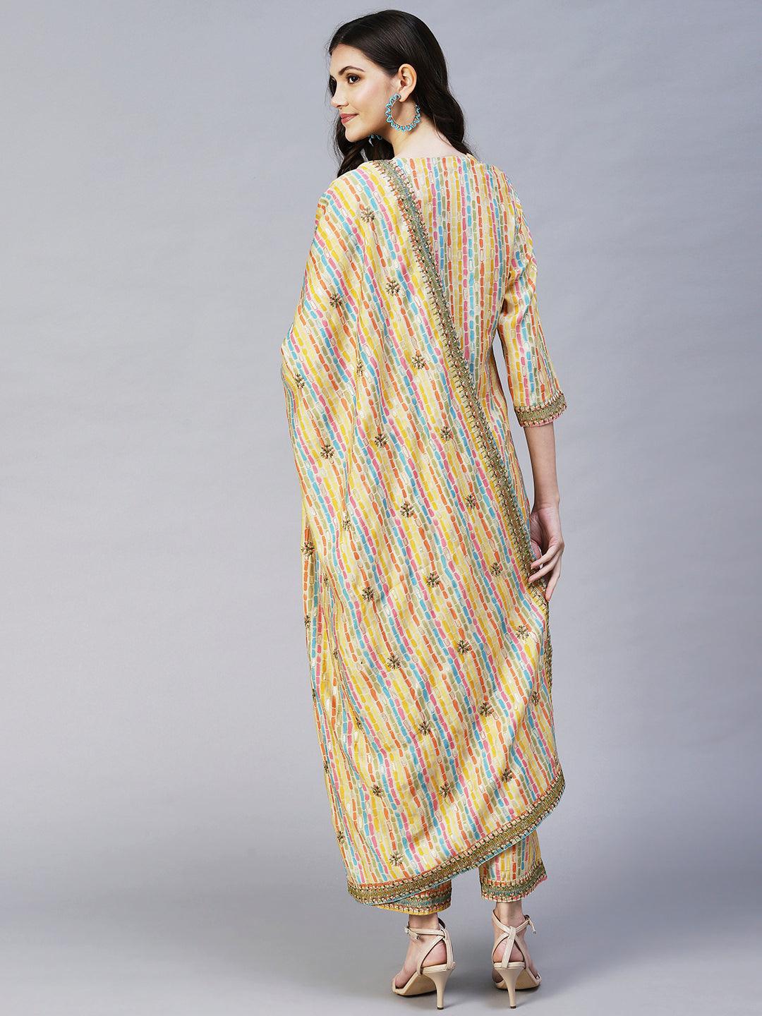 Ethnic Stripes Printed & Embroidered Kurta with Pant & Dupatta - Multi - Indiakreations