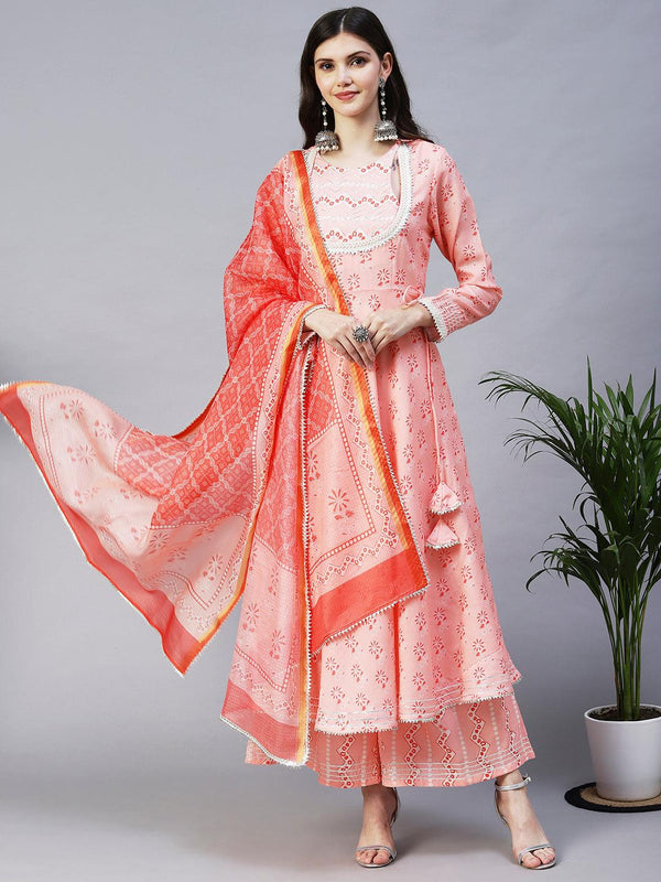 Ethnic Printed & Embroidered A-Line Kurta with Palazzo & Dupatta - Peach - Indiakreations