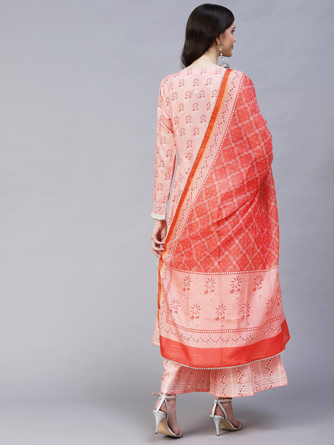 Ethnic Printed & Embroidered A-Line Kurta with Palazzo & Dupatta - Peach - Indiakreations