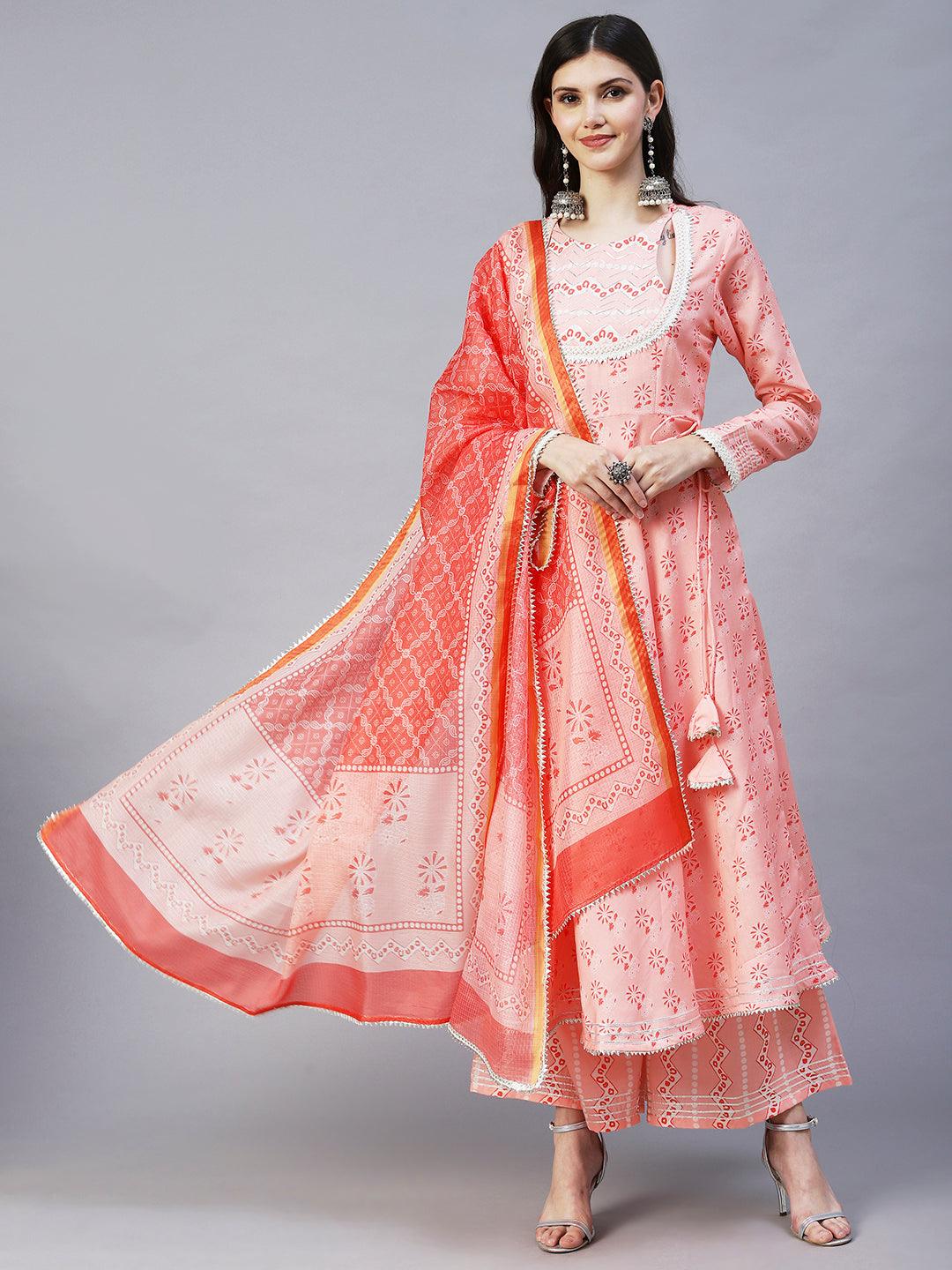 Ethnic Printed & Embroidered A-Line Kurta with Palazzo & Dupatta - Peach - Indiakreations