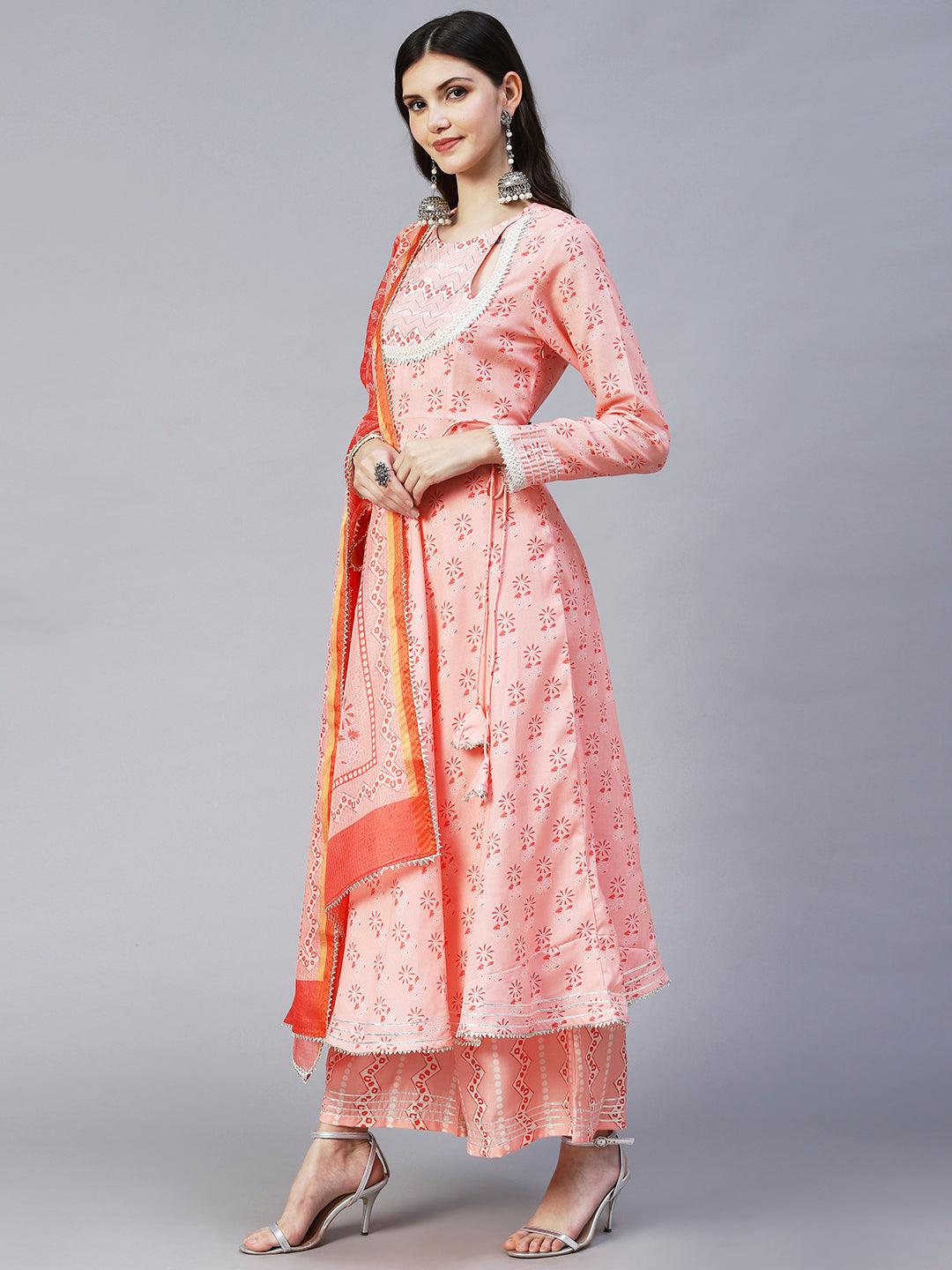 Ethnic Printed & Embroidered A-Line Kurta with Palazzo & Dupatta - Peach - Indiakreations