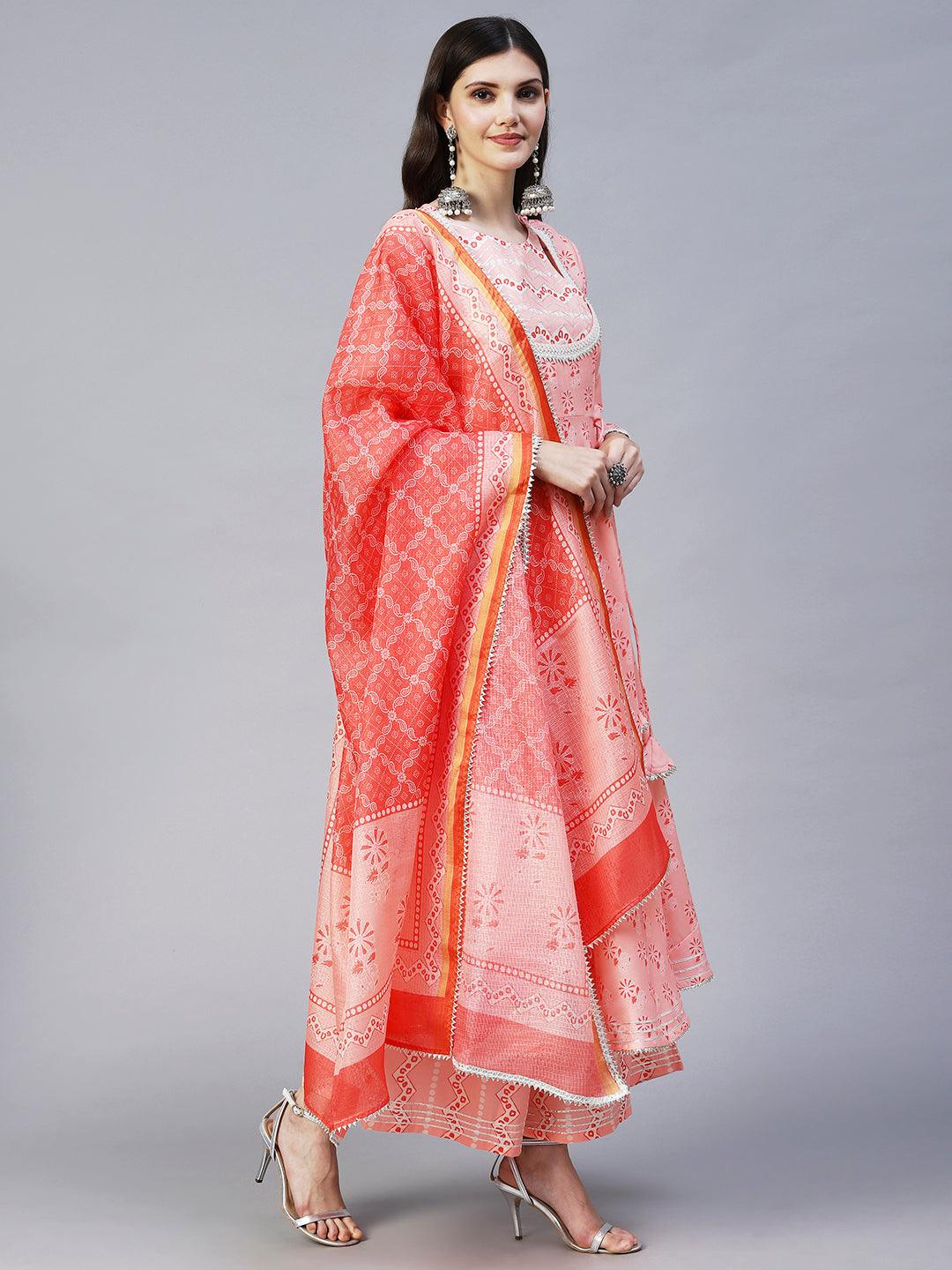 Ethnic Printed & Embroidered A-Line Kurta with Palazzo & Dupatta - Peach - Indiakreations