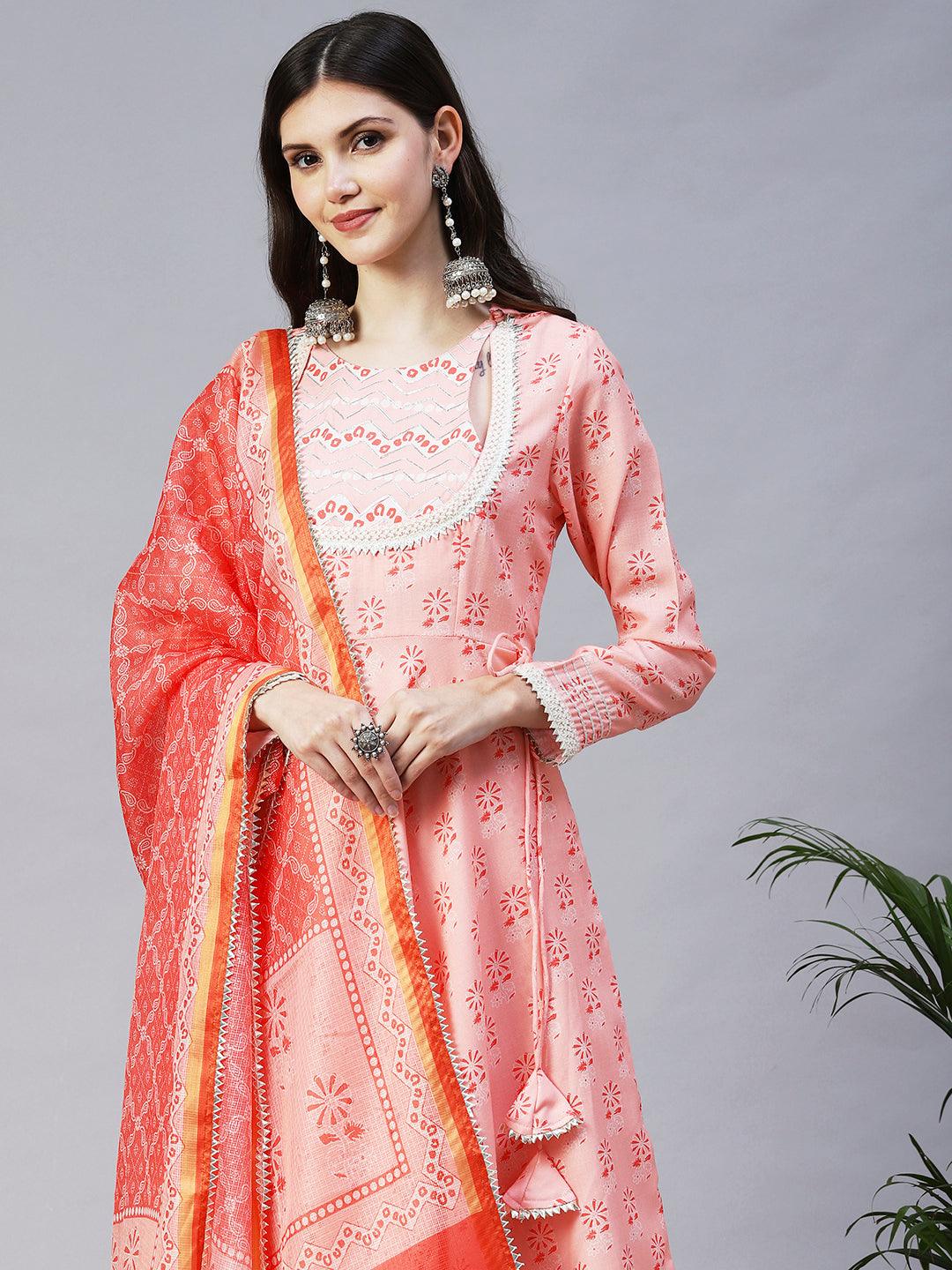 Ethnic Printed & Embroidered A-Line Kurta with Palazzo & Dupatta - Peach - Indiakreations