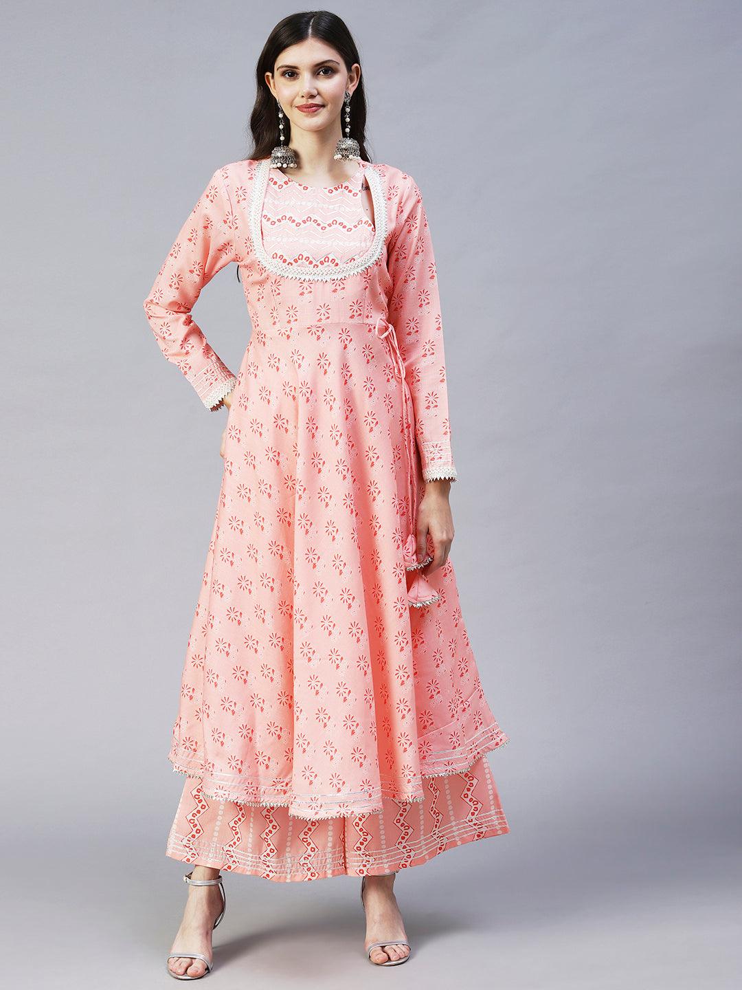 Ethnic Printed & Embroidered A-Line Kurta with Palazzo & Dupatta - Peach - Indiakreations