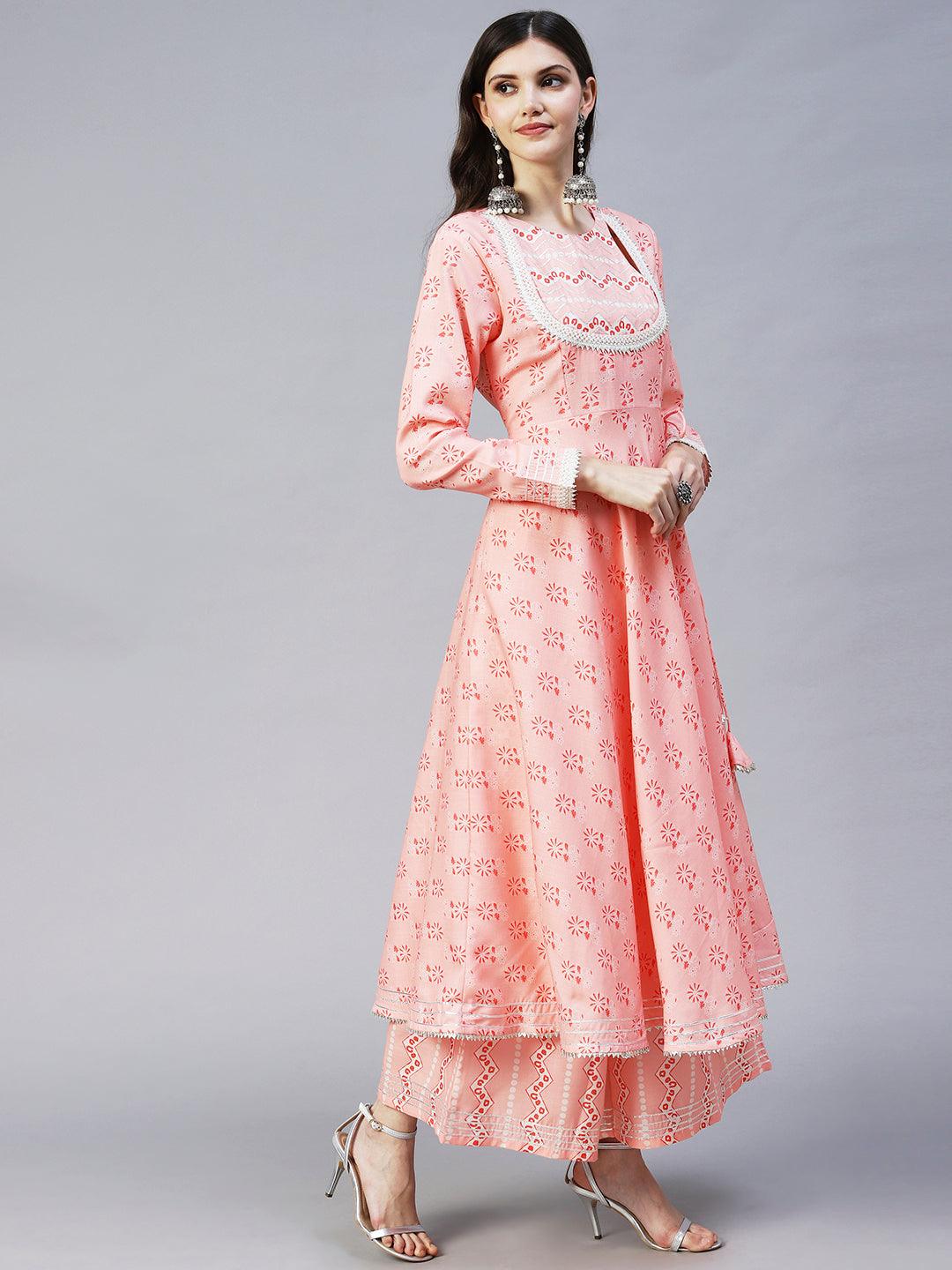 Ethnic Printed & Embroidered A-Line Kurta with Palazzo & Dupatta - Peach - Indiakreations