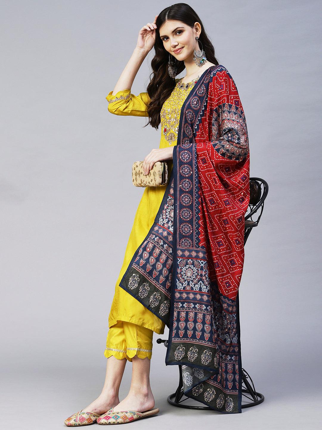 Floral Hand Embroidered Straight Kurta with Pant & Dupatta - Yellow - Indiakreations