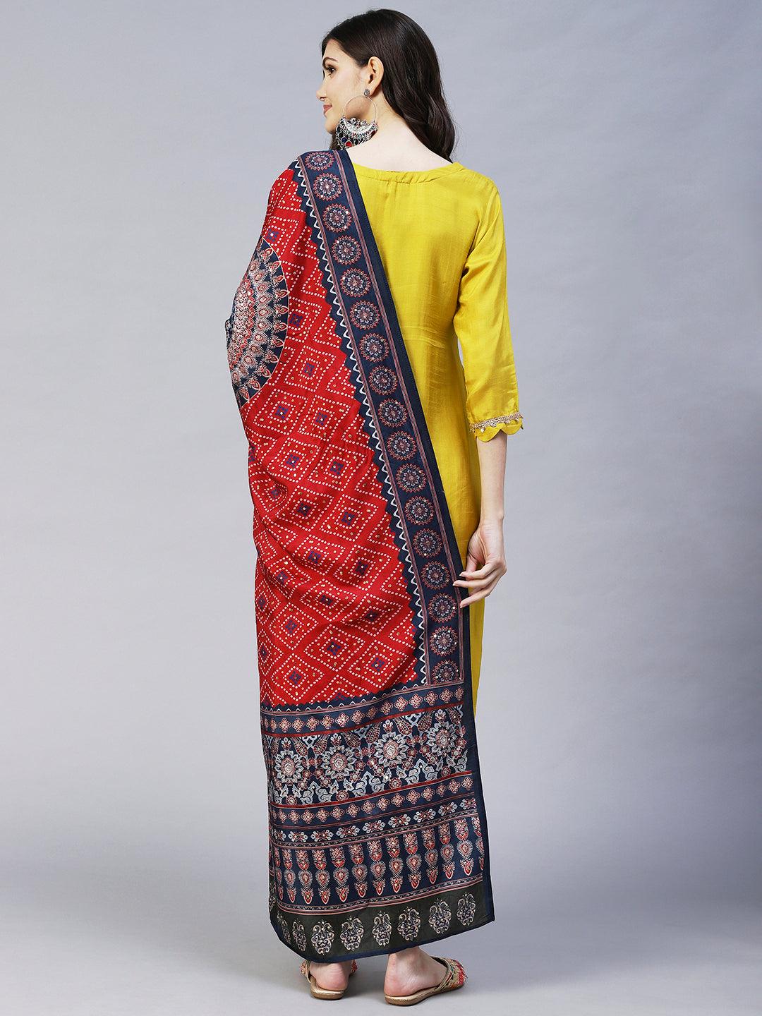 Floral Hand Embroidered Straight Kurta with Pant & Dupatta - Yellow - Indiakreations