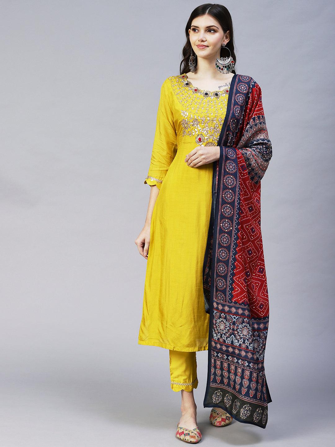 Floral Hand Embroidered Straight Kurta with Pant & Dupatta - Yellow - Indiakreations