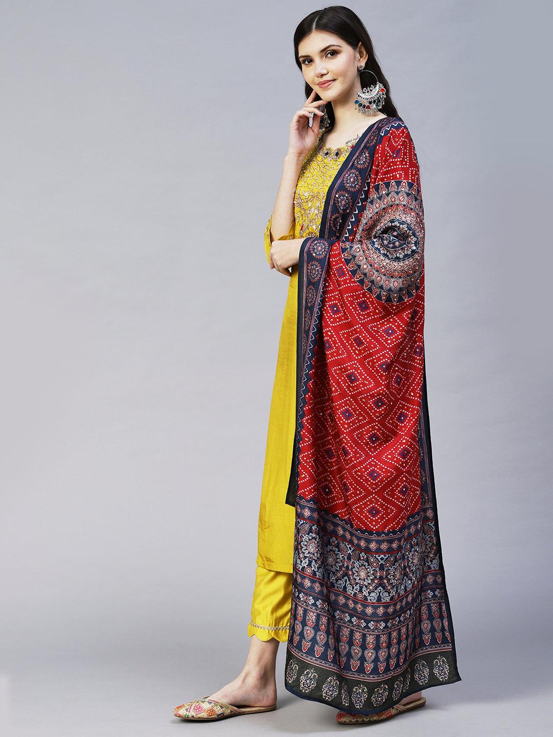 Floral Hand Embroidered Straight Kurta with Pant & Dupatta - Yellow - Indiakreations