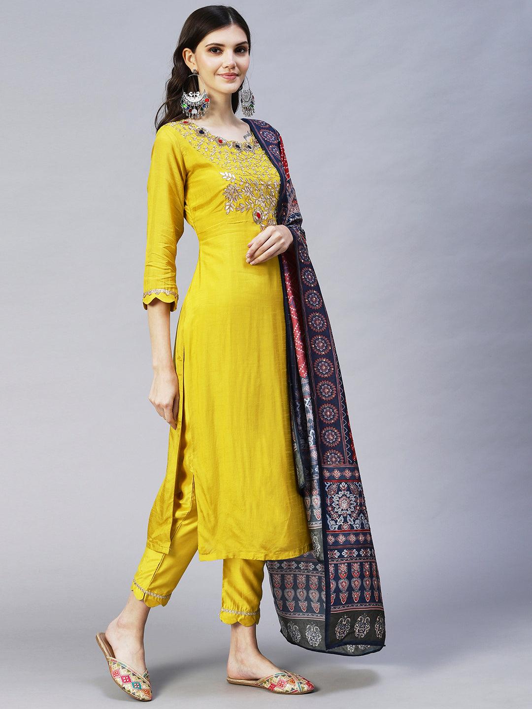 Floral Hand Embroidered Straight Kurta with Pant & Dupatta - Yellow - Indiakreations