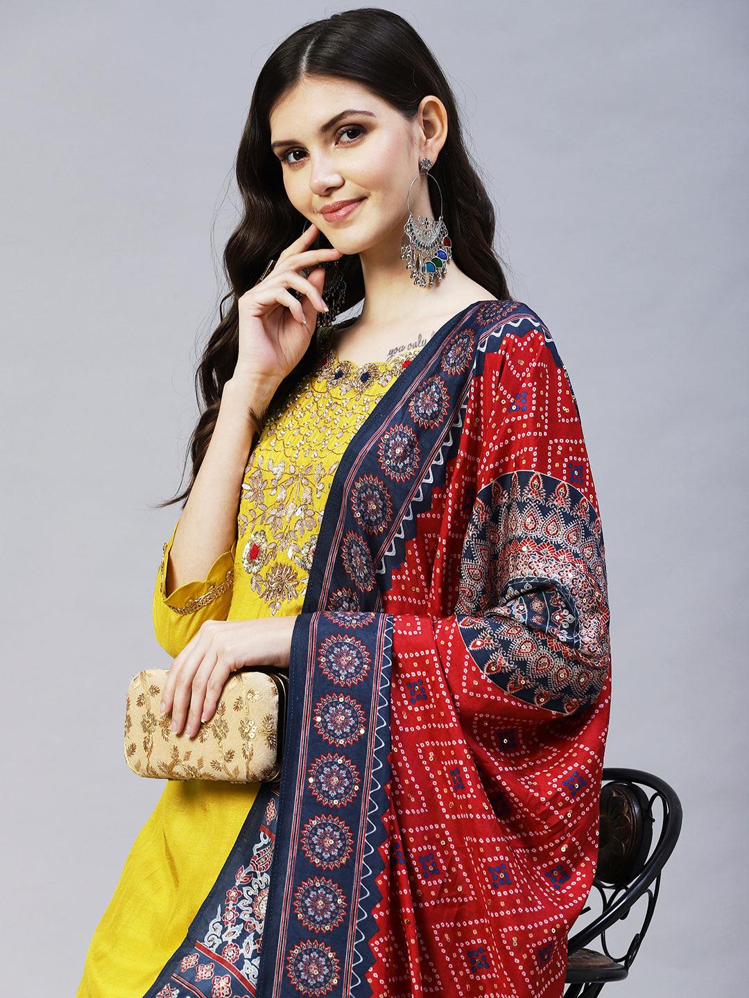 Floral Hand Embroidered Straight Kurta with Pant & Dupatta - Yellow - Indiakreations