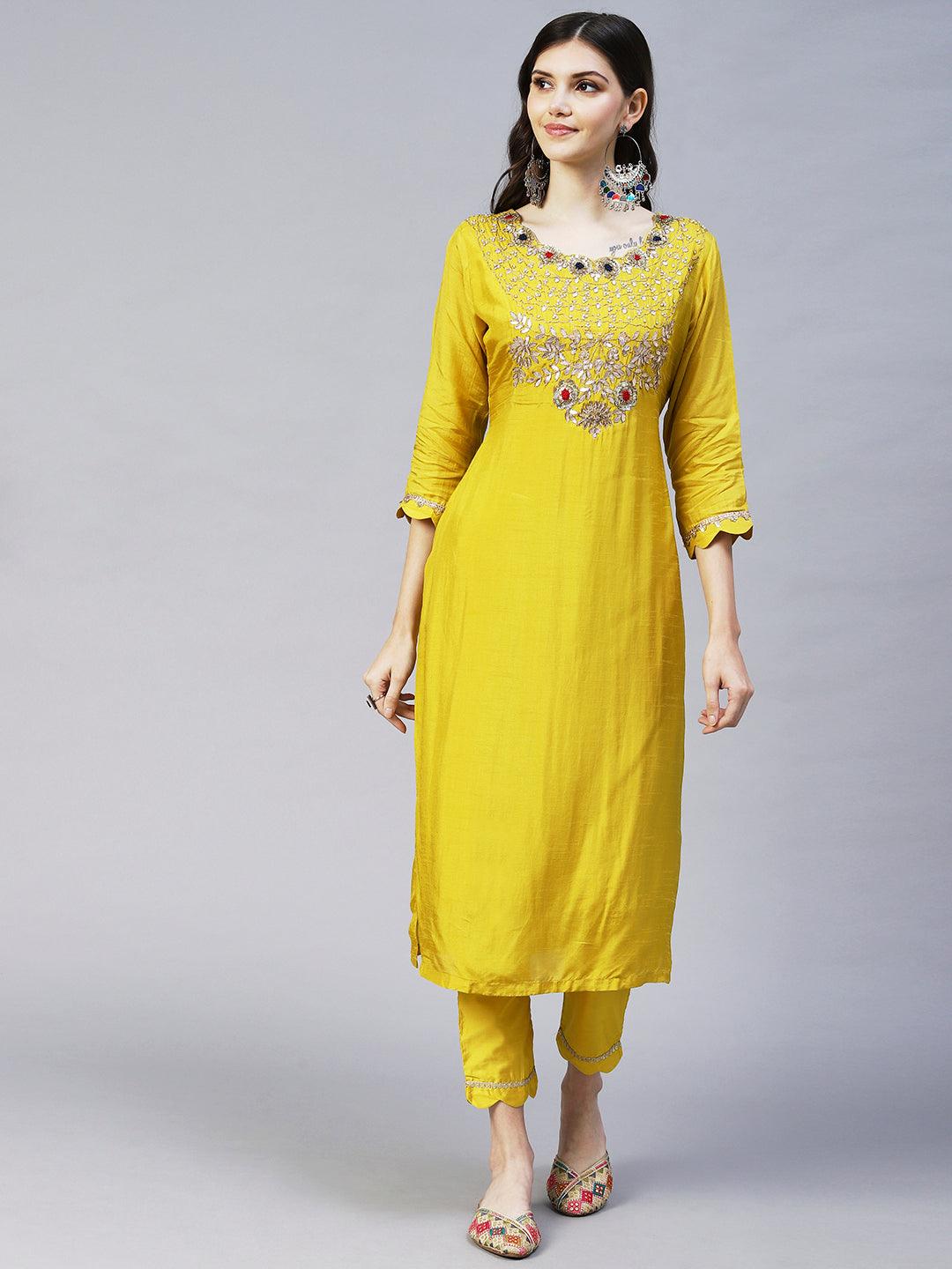 Floral Hand Embroidered Straight Kurta with Pant & Dupatta - Yellow - Indiakreations