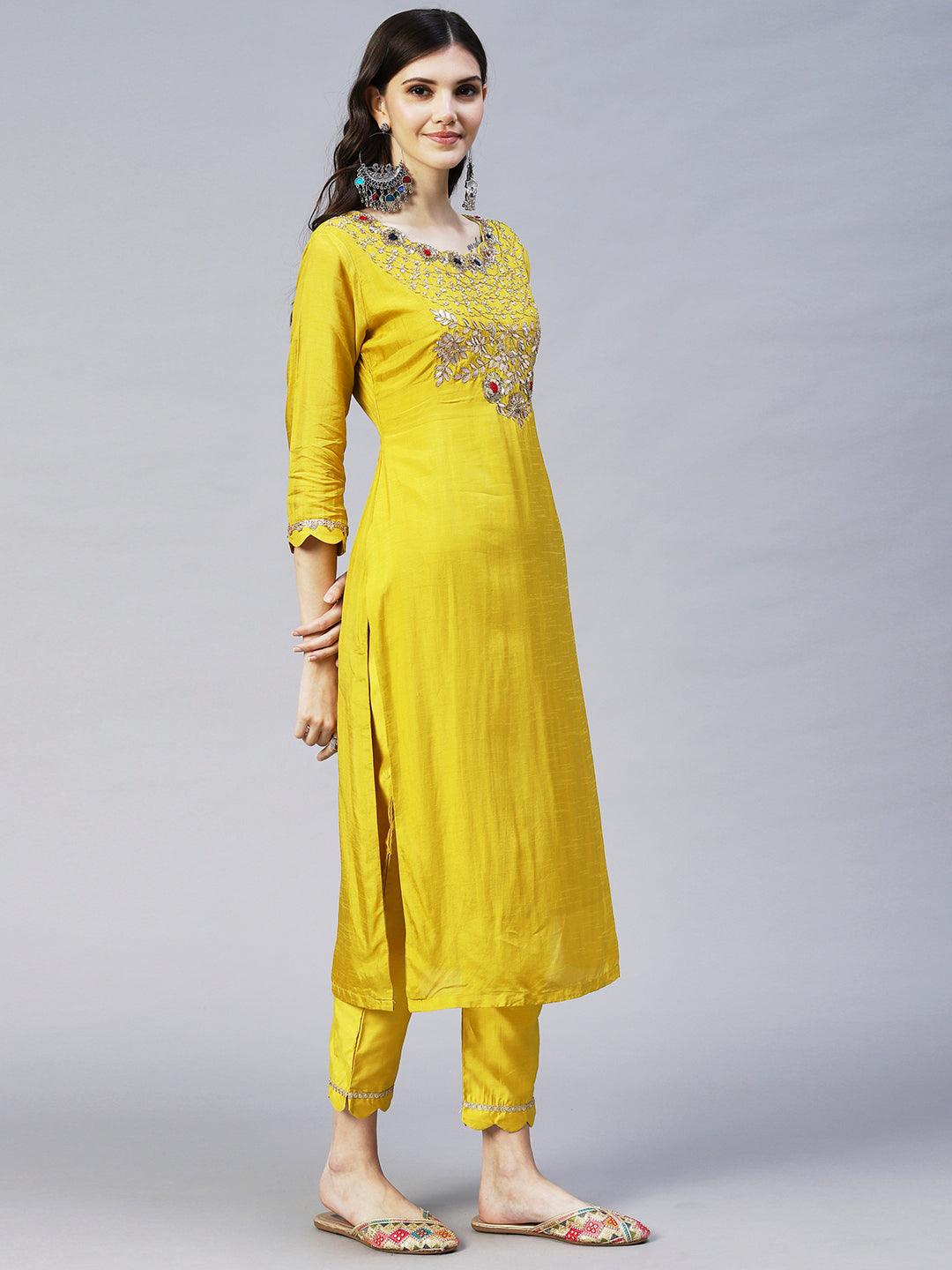 Floral Hand Embroidered Straight Kurta with Pant & Dupatta - Yellow - Indiakreations