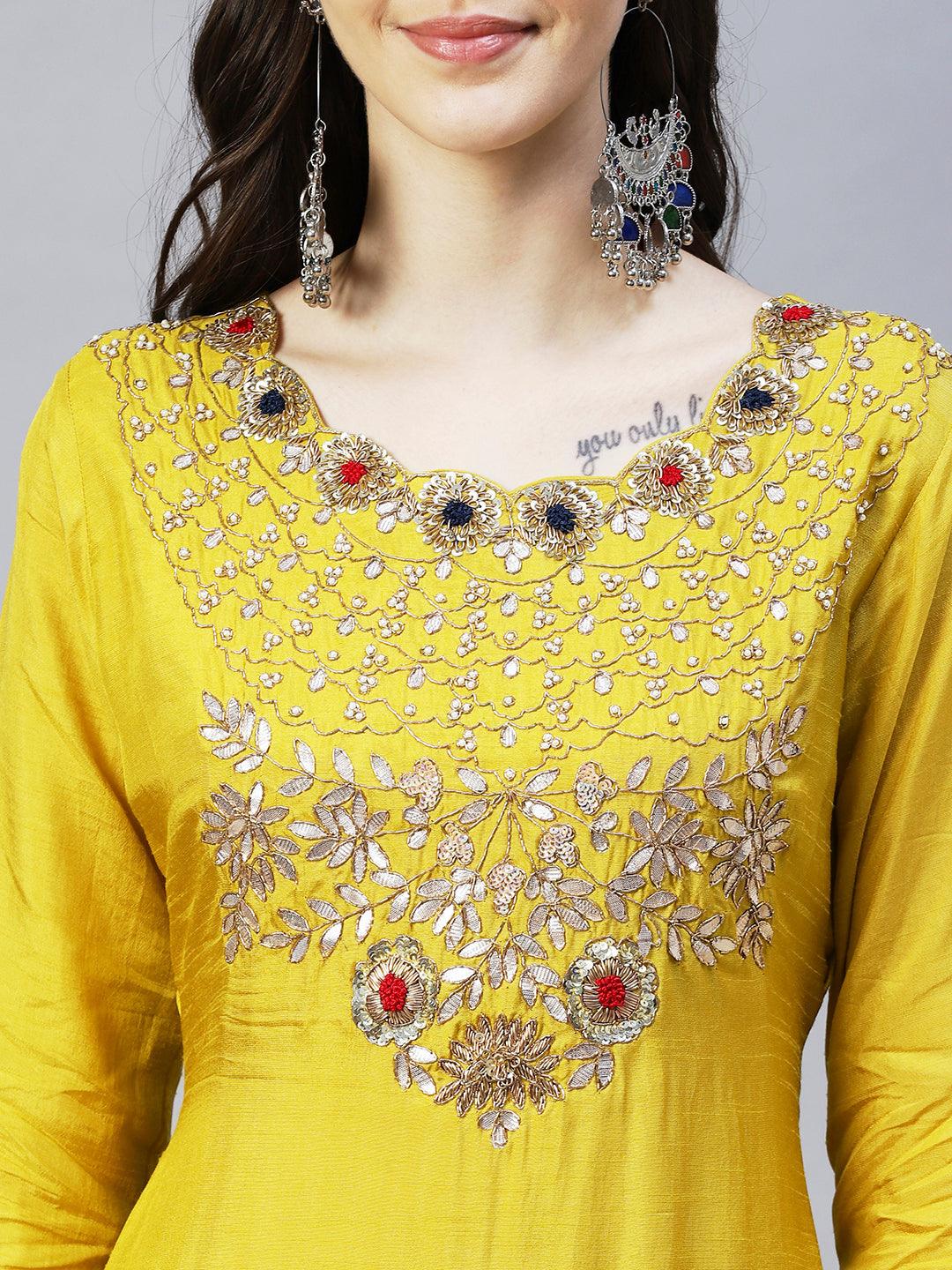 Floral Hand Embroidered Straight Kurta with Pant & Dupatta - Yellow - Indiakreations