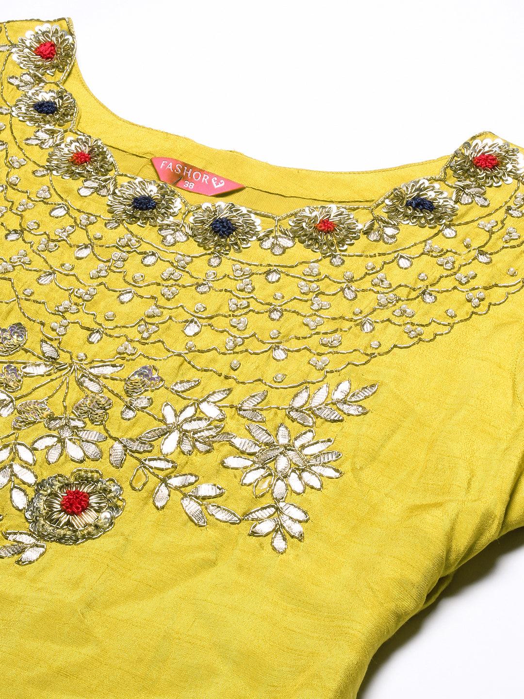 Floral Hand Embroidered Straight Kurta with Pant & Dupatta - Yellow - Indiakreations