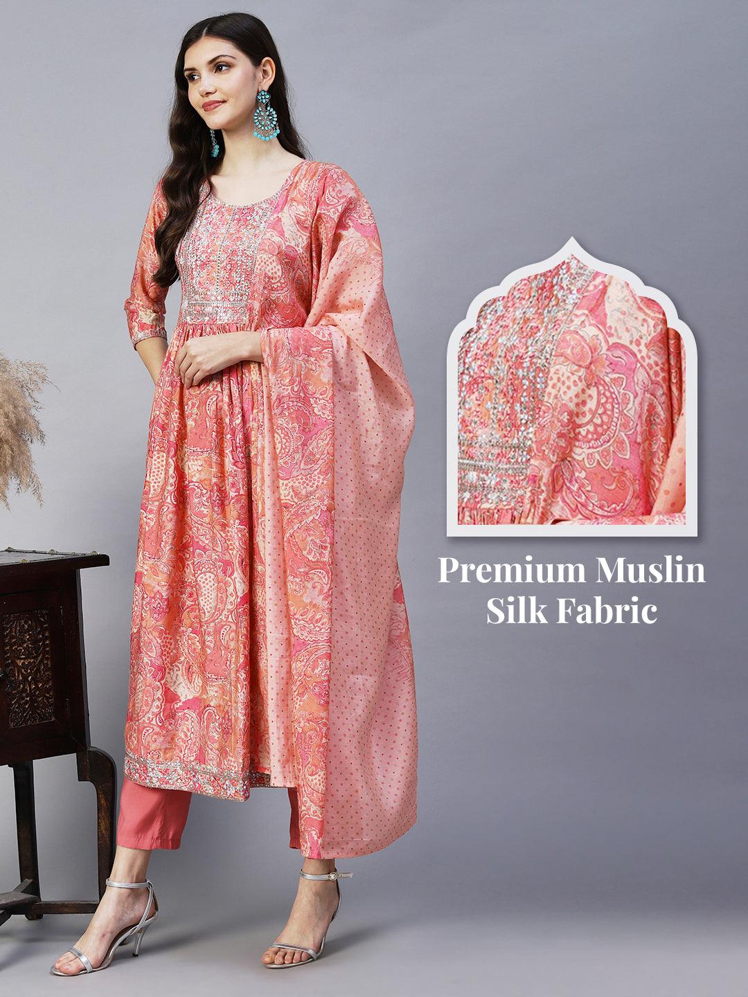 Ethnic Floral Printed & Embroidered A-Line Kurta with Pant & Dupatta - Pink - Indiakreations