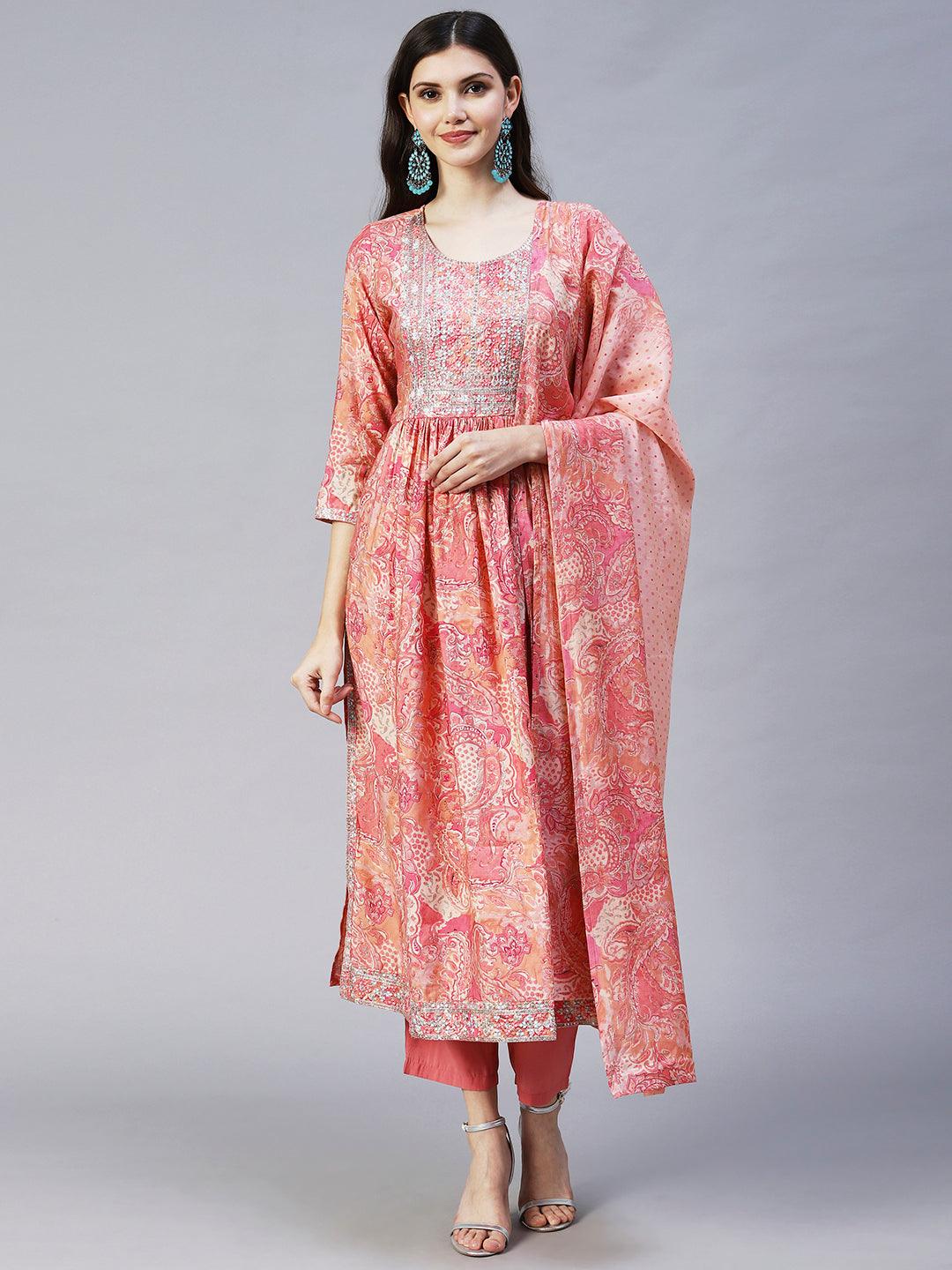 Ethnic Floral Printed & Embroidered A-Line Kurta with Pant & Dupatta - Pink - Indiakreations