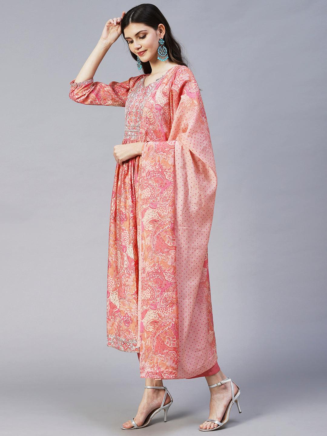 Ethnic Floral Printed & Embroidered A-Line Kurta with Pant & Dupatta - Pink - Indiakreations