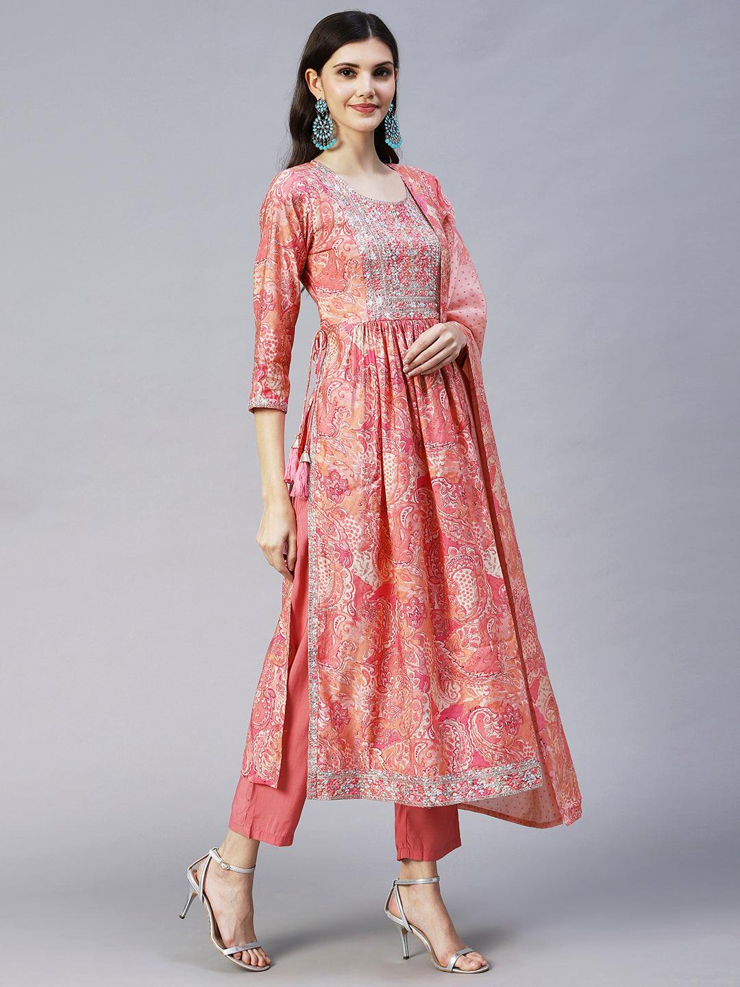 Ethnic Floral Printed & Embroidered A-Line Kurta with Pant & Dupatta - Pink - Indiakreations