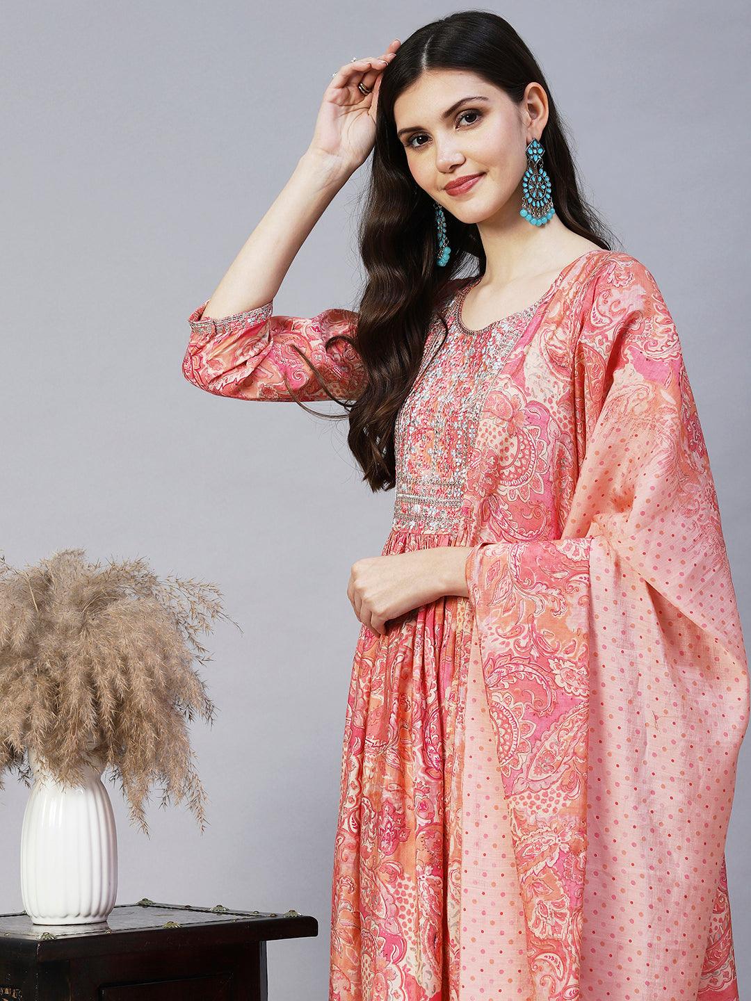 Ethnic Floral Printed & Embroidered A-Line Kurta with Pant & Dupatta - Pink - Indiakreations