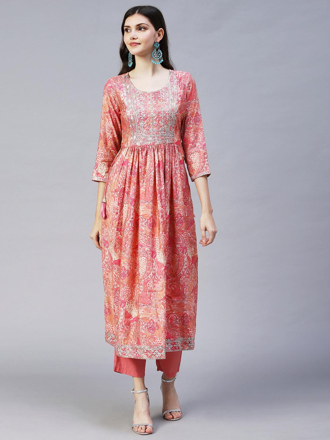 Ethnic Floral Printed & Embroidered A-Line Kurta with Pant & Dupatta - Pink - Indiakreations