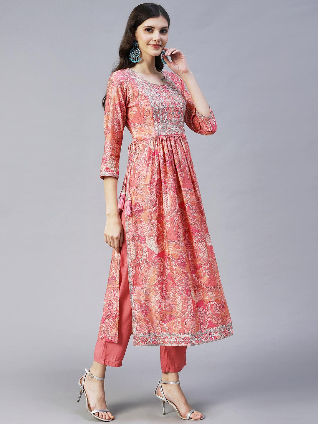 Ethnic Floral Printed & Embroidered A-Line Kurta with Pant & Dupatta - Pink - Indiakreations